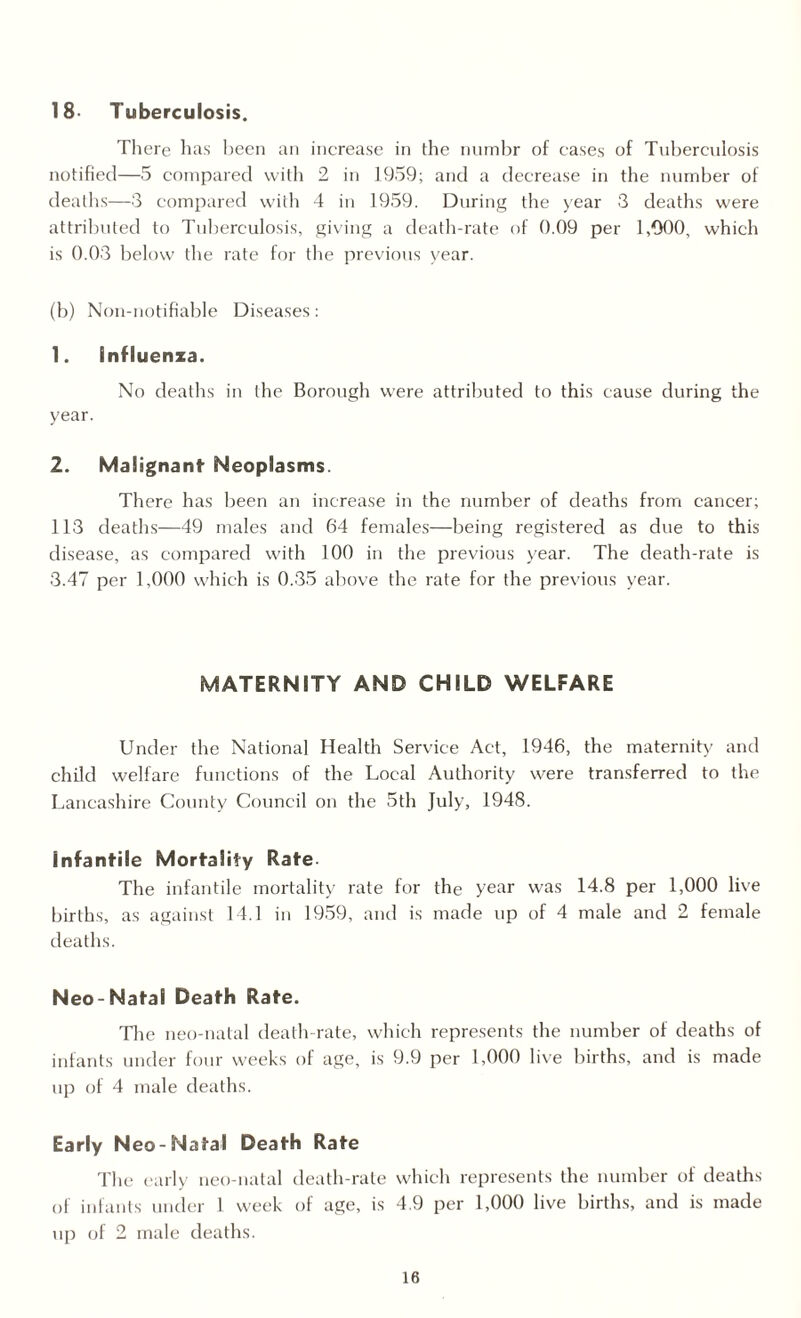 18- Tuberculosis. There has been an increase in the numbr of cases of Tuberculosis notified—5 compared with 2 in 1959; and a decrease in the number of deaths—3 compared with 4 in 1959. During the year 3 deaths were attributed to Tuberculosis, giving a death-rate of 0.09 per 1,900, which is 0.03 below the rate for the previous year. (b) Non-notifiable Diseases: 1. Influenza. No deaths in the Borough were attributed to this cause during the year. 2. Malignant- Neoplasms. There has been an increase in the number of deaths from cancer; 113 deaths—49 males and 64 females—being registered as due to this disease, as compared with 100 in the previous year. The death-rate is 3.47 per 1,000 which is 0.35 above the rate for the previous year. MATERNITY AND CHILD WELFARE Under the National Health Service Act, 1946, the maternity and child welfare functions of the Local Authority were transferred to the Lancashire County Council on the 5th July, 1948. infantile Mortality Rate. The infantile mortality rate for the year was 14.8 per 1,000 live births, as against 14.1 in 1959, and is made up of 4 male and 2 female deaths. Neo-Natal Death Rate. The neo-natal death-rate, which represents the number of deaths of infants under four weeks of age, is 9.9 per 1,000 live births, and is made up of 4 male deaths. Early Neo-Natal Death Rate The early neo-natal death-rate which represents the number of deaths of infants under 1 week of age, is 4.9 per 1,000 live births, and is made up of 2 male deaths.
