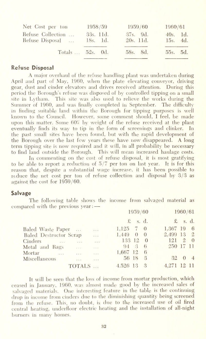 Net Cost per ton 1958/59 1959/60 1960/61 Refuse Collection ... 33s. lid. 37s. 9d. 40s. Id Refuse Disposal 18s. Id. 20s. lid. 15s. 4d Totals .. . 52s. Od. 58s. 8d. 55s. 5d Refuse Disposal A major overhaul of the refuse handling plant was undertaken during April and part of May, 1960, when the plate elevating conveyor, driving gear, dust and cinder elevators and drives received attention. During this period the Borough’s refuse was disposed of by controlled tipping on a small site in Lytham. This site was also used to relieve the works during the Summer of 1960, and was finally completed in September. The difficulty in finding suitable land within the Borough for tipping purposes is well known to the Council. However, some comment should, I feel, be made upon this matter. Some 607 by weight of the refuse received at the plant eventually finds its way to tip in the form of screenings and clinker. In the past small sites have been found, but with the rapid development of the Borough over the last few years these have now disappeared. A long term tipping site is now required and it will, in all probability be necessary to find land outside the Borough. This will mean increased haulage costs. In commenting on the cost of refuse disposal, it is most gratifying to be able to report a reduction of 5/7 per ton on last year. It is for this reason that, despite a substantial wage increase, it has been possible to reduce the net cost per ton of refuse collection and disposal by 3/3 as against the cost for 1959/60. Salvage The following table shows the income from salvaged material as compared with the previous year: — 1959/60 1960/61 £ s. d. £ s. d. Baled Waste Paper ... 1,125 7 0 1,367 19 6 Baled Destructor Scrap 1,449 0 0 2,499 13 2 Cinders 133 12 0 121 2 0 Metal and Rags 94 3 6 250 17 11 Mortar 1,667 12 6 Miscellaneous 56 18 3 32 0 4 TOTALS ... 4.526 13 3 4,271 12 11 It will be seen that the loss of income from mortar production, which ceased in January, 1960, was almost made good by the increased sales of salvaged materials. One interesting feature in the table is the continuing drop in income from cinders due to the diminishing quantity being screened from the refuse. This, no doubt, is due to the increased use of oil fired central heating, underfloor electric heating and the installation of all-night burners in many homes.