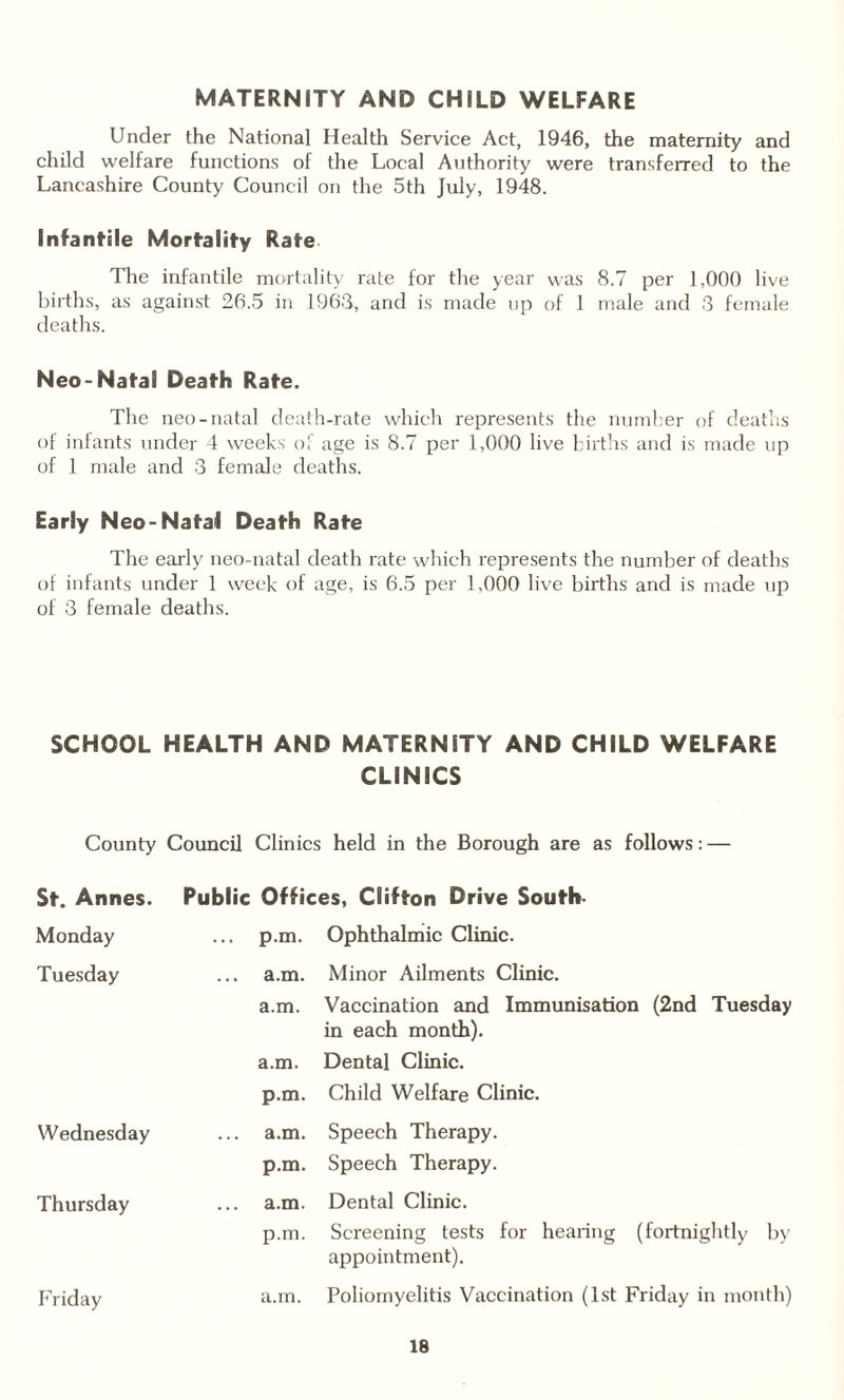 MATERNITY AND CHILD WELFARE Under the National Health Service Act, 1946, the maternity and child welfare functions of the Local Authority were transferred to the Lancashire County Council on the 5th July, 1948. Infantile Mortality Rate The infantile mortality rate for the year was 8.7 per 1,000 live births, as against 26.5 in 1963, and is made up of 1 male and 3 female deaths. Neo-Natal Death Rate. The neo-natal death-rate which represents the number of deaths of infants under 4 weeks of age is 8.7 per 1,000 live births and is made up of 1 male and 3 female deaths. Early Neo-Natal Death Rate The early neo-natal death rate which represents the number of deaths of infants under 1 week of age, is 6.5 per 1,000 live births and is made up of 3 female deaths. SCHOOL HEALTH AND MATERNITY AND CHILD WELFARE CLINICS County Council Clinics held in the Borough are as follows: — St. Annes. Public Offices, Clifton Drive South- Monday ... p.m. Ophthalmic Clinic. Tuesday ... a.m. Minor Ailments Clinic. a.m. Vaccination and Immunisation (2nd Tuesday in each month). a.m. Dental Clinic. p.m. Child Welfare Clinic. Wednesday ... a.m. Speech Therapy. p.m. Speech Therapy. Thursday ... a.m. Dental Clinic. p.m. Screening tests for hearing (fortnightly by appointment). Friday a.m. Poliomyelitis Vaccination (1st Friday in month)