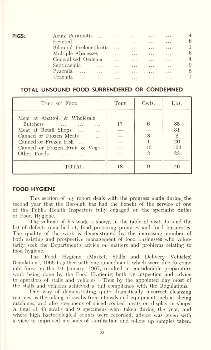 PIGS: Acute Peritonitis ... ... ... ... ... 4 Fevered ... ... ... ... ... ... 6 Bilateral Pyelonephritis ... ... ... 1 Multiple Abscesses ... ... ... ... 6 Generalised Oedema ... ... ... 4 Septicaemia ... ... ... ... .. 9 Pyaemia ... ... ... ... ... ... 2 Uraemia ... ... ... ... ••• ... 1 TOTAL UNSOUND FOOD SURRENDERED OR CONDEMNED Type of Food Tons Cwts. Lbs. Meat at Abattoir & Wholesale Butchers 17 6 85 Meat at Retail Shops — — 31 Canned or Frozen Meats — 8 2 Canned or Frozen Fish ... — 1 26 Canned or Frozen Fruit & Vegs. — 10 104 Other Foods — 2 22 TOTAL 18 9 46 FOOD HYGIENE This section of my report deals with the progress made during the second year that the Borough has had the benefit of the service of one of the Public Health Inspectors fully engaged on the specialist duties of Food Hygiene. The volume of his work is shown in the table of visits to, and the list of defects remedied at, food preparing premises and food businesses. The quality of the work is demonstrated by the increasing number of both existing and prospective management of food businesses who volun¬ tarily seek the Department’s advice on matters and problems relating to food hygiene. The Food Hygiene (Market, Stalls and Delivery Vehicles) Regulations, 1966 together with one amendment, which were due to come into force on the 1st January, 1967, resulted in considerable preparatory work being done by the Food Hygienist both by inspection and advice to operators of stalls and vehicles. Thus by the appointed day most of the stalls and vehicles achieved a full compliance with the Regulations. One way of demonstrating quite dramatically incorrect cleansing routines, is the taking of swabs from utensils and equipment such as slicing machines, and also specimens of sliced cooked meats on display in shops. A total of 43 swabs and 9 specimens were taken during the year, and where high bacteriological counts were recorded, advice was given with a view to improved methods of sterilisation and follow up samples taken.