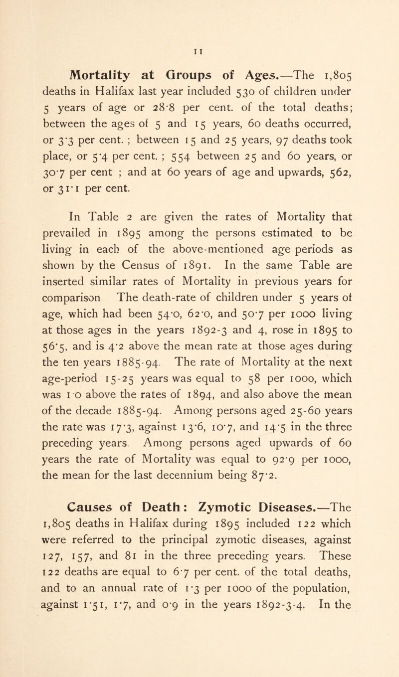 Mortality at Groups of Ages.—The 1,805 deaths in Halifax last year included 530 of children under 5 years of age or 28*8 per cent, of the total deaths; between the ages of 5 and 15 years, 60 deaths occurred, or 3*3 per cent. ; between 15 and 25 years, 97 deaths took place, or 5*4 per cent. ; 554 between 25 and 60 years, or 307 per cent ; and at 60 years of age and upwards, 562, or 31*1 per cent. In Table 2 are given the rates of Mortality that prevailed in 1895 among the persons estimated to be living in each of the above-mentioned age periods as shown by the Census of 1891. In the same Table are inserted similar rates of Mortality in previous years for comparison The death-rate of children under 5 years of age, which had been 54*0, 62*0, and 507 per 1000 living at those ages in the years 1892-3 and 4, rose in 1895 to 56*5, and is 4*2 above the mean rate at those ages during the ten years 1885-94. The rate of Mortality at the next age-period 15-25 years was equal to 58 per 1000, which was ro above the rates of 1894, and also above the mean of the decade 1885-94. Among persons aged 25-60 years the rate was 17*3, against 13*6, 107, and 14*5 in the three preceding years Among persons aged upwards of 60 years the rate of Mortality was equal to 92-9 per 1000, the mean for the last decennium being 87-2. Causes of Death: Zymotic Diseases.—The 1,805 deaths in Halifax during 1895 included 122 which were referred to the principal zymotic diseases, against 127, 157, and 81 in the three preceding years. These 122 deaths are equal to 67 per cent, of the total deaths, and to an annual rate of 1*3 per 1000 of the population, against 1*51, 17, and 0*9 in the years 1892-3-4. In the