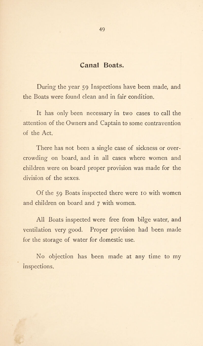 Canal Boats. During the year 59 Inspections have been made, and the Boats were found clean and in fair condition. It has only been necessary in two cases to call the attention of the Owners and Captain to some contravention of the Act. There has not been a single case of sickness or over- crowding on board, and in all cases where women and children were on board proper provision was made for the division of the sexes. Of the 59 Boats inspected there were 10 with women and children on board and 7 with women. All Boats inspected were free from bilge water, and ventilation very good. Proper provision had been made for the storage of water for domestic use. No objection has been made at any time to my inspections.