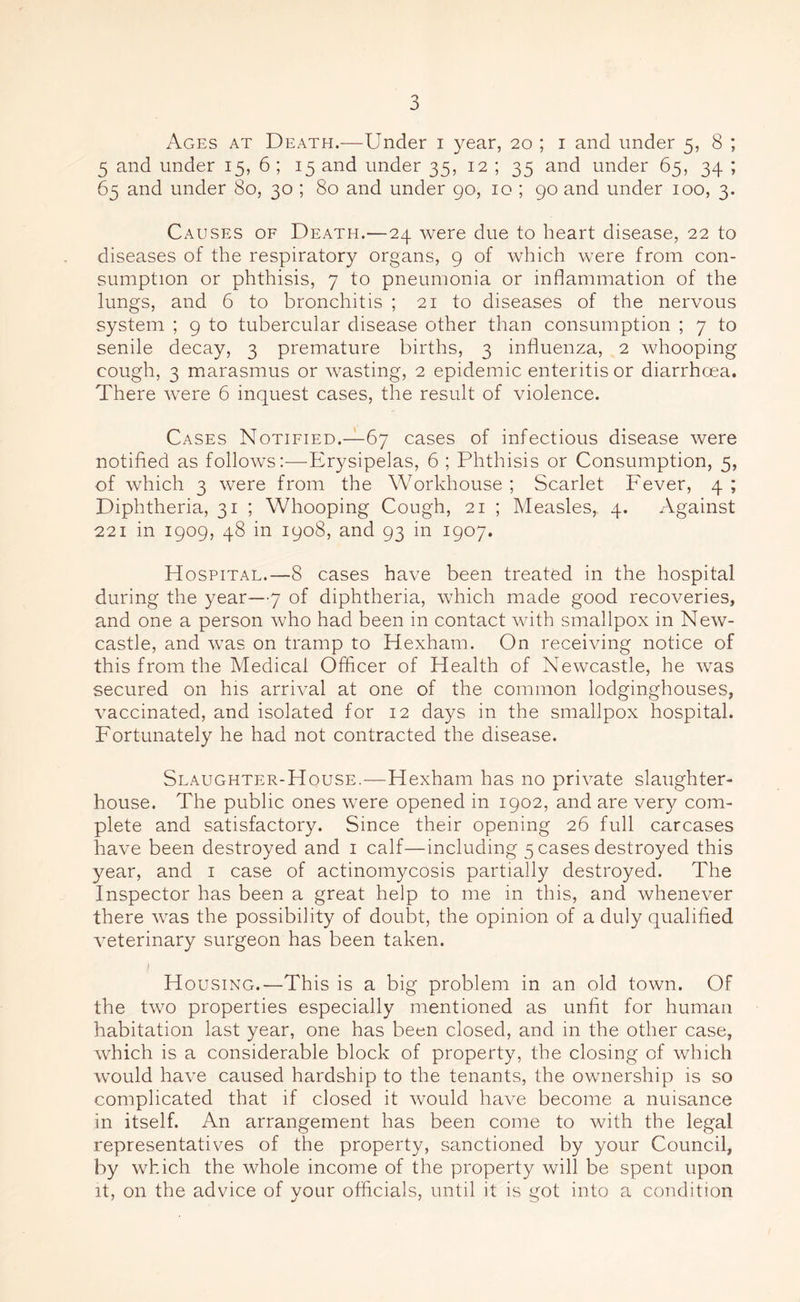 Ages at Death.—Under i year, 20 ; 1 and under 5, 8 ; 5 and under 15, 6; 15 and under 35, 12 ; 35 and under 65, 34 ; 65 and under 80, 30 ; 80 and under 90, 10 ; 90 and under 100, 3. Causes of Death.—24 were due to heart disease, 22 to diseases of the respiratory organs, 9 of which were from con- sumption or phthisis, 7 to pneumonia or inflammation of the lungs, and 6 to bronchitis ; 21 to diseases of the nervous system ; 9 to tubercular disease other than consumption ; 7 to senile decay, 3 premature births, 3 influenza, 2 whooping cough, 3 marasmus or wasting, 2 epidemic enteritis or diarrhoea. There were 6 inquest cases, the result of violence. Cases Notified.—67 cases of infectious disease were notified as follows:—Erysipelas, 6 ; Phthisis or Consumption, 5, of which 3 were from the Workhouse ; Scarlet Fever, 4 ; Diphtheria, 31 ; Whooping Cough, 21 ; Measles, 4. Against 221 in 1909, 48 in 1908, and 93 in 1907. Hospital.—8 cases have been treated in the hospital during the year—7 of diphtheria, which made good recoveries, and one a person who had been in contact with smallpox in New- castle, and was on tramp to Hexham. On receiving notice of this from the Medical Officer of Health of Newcastle, he was secured on his arrival at one of the common lodginghouses, vaccinated, and isolated for 12 days in the smallpox hospital. Fortunately he had not contracted the disease. Slaughter-House.—Hexham has no private slaughter- house. The public ones were opened in 1902, and are very com- plete and satisfactory. Since their opening 26 full carcases have been destroyed and 1 calf—including 5 cases destroyed this year, and 1 case of actinomycosis partially destroyed. The Inspector has been a great help to me in this, and whenever there was the possibility of doubt, the opinion of a duly qualified veterinary surgeon has been taken. H ousing.—This is a big problem in an old town. Of the two properties especially mentioned as unfit for human habitation last year, one has been closed, and in the other case, which is a considerable block of property, the closing of which would have caused hardship to the tenants, the ownership is so complicated that if closed it would have become a nuisance in itself. An arrangement has been come to with the legal representatives of the property, sanctioned by your Council, by which the whole income of the property will be spent upon it, on the advice of your officials, until it is got into a condition