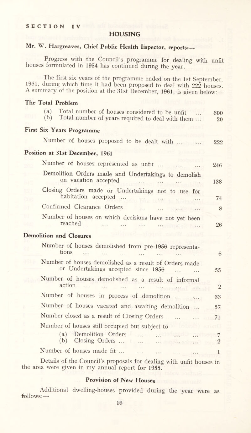 SECTION IV HOUSING Mr. W. Hargreaves, Chief Public Health Iispector, reports:— Progress with the Council’s programme for dealing with unfit houses formulated in 1954 has continued during the year. The first six years of the programme ended on the 1st September, 1961, during which time it had been proposed to deal with 222 houses. A summary of the position at the 31st December, 1961, is given below:— The Total Problem (a) Total number of houses considered to be unfit ... 600 (b) Total number of years required to deal with them ... 20 First Six Years Programme Number of houses proposed to be dealt with ... .... 222 Position at 31st December, 1961 Number of houses represented as unfit ... 246 Demolition Orders made and Undertakings to demolish on vacation accepted ... ... ... ... 138 Closing Orders made or Undertakings not to use for habitation accepted ... ... ... ... ... 74 Confirmed Clearance Orders ... ... ... 8 Number of houses on which decisions have not yet been reached 26 Demolition and Closures Number of houses demolished from pre-1956 representa- tions ... ... ... ... ... ... 0 Number of houses demolished as a result of Orders made or Undertakings accepted since 1956 55 Number of houses demolished as a result of informal action ... ... ... ... ... ... 2 Number of houses in process of demolition ... .... 33 Number of houses vacated and awaiting demolition ... 57 Number closed as a result of Closing Orders 71 Number of houses still occupied but subject to (a) Demolition Orders ... ... ... ... 7 (b) Closing Orders ... ... ... ... ... 2 Number of houses made fit ... ... ... ... ... 1 Details of the Council's proposals for dealing with unfit houses in the area were given in my annual report for 1955. Provision of New Houses Additional dwelling-houses provided during the year were as follows:—■