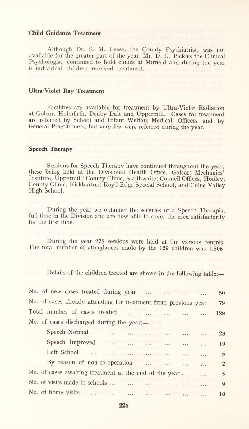 CKild Guidance Treatment Although Dr. S. M. Leese, the County Psychiatrist, was not available for the greater part of the year, Mr. D. G. Pickles the Clinical Psychologist, continued to hold clinics at Mirheld and during the year 8 individual children received treatment. Ultra-Violet Ray Treatment Facilities are available for treatment by Ultra-Violet Radiation at Golcar, Holmhrth, Denby Dale and Uppermill. Cases for treatment are referred by School and Infant Welfare Medical Officers and by General Practitioners, but very few were referred during the year. Speech Therapy Sessions for Speech Therapy have continued throughout the year, these being held at the Divisional Health Office, Golcar; Mechanics’ Institute, Uppermill; County Clinic, Slaithwaite; Council Offices, Honley; County Clinic, Kirkburton; Royd Edge Special School; and Colne Valley High School. During the year we obtained the services of a Speech Therapist full time in the Division and are now able to cover the area satisfactorily for the first time. During the year 278 sessions were held at the various centres. The total number of attendances made by the 129 children was 1,505. Details of the children treated are shown in the following table:— No. of new cases treated during year No. of cases already attending for treatment from previous year Total number of cases treated No. of cases discharged during the year:— Speech Normal Speech Improved Left School By reason of non-co-operation No. of cases awaiting treatment at the end of the year , No. of visits made to schools ... * * * * * • No. of home visits 50 79 129 23 10 5 2 5 9 10 22a