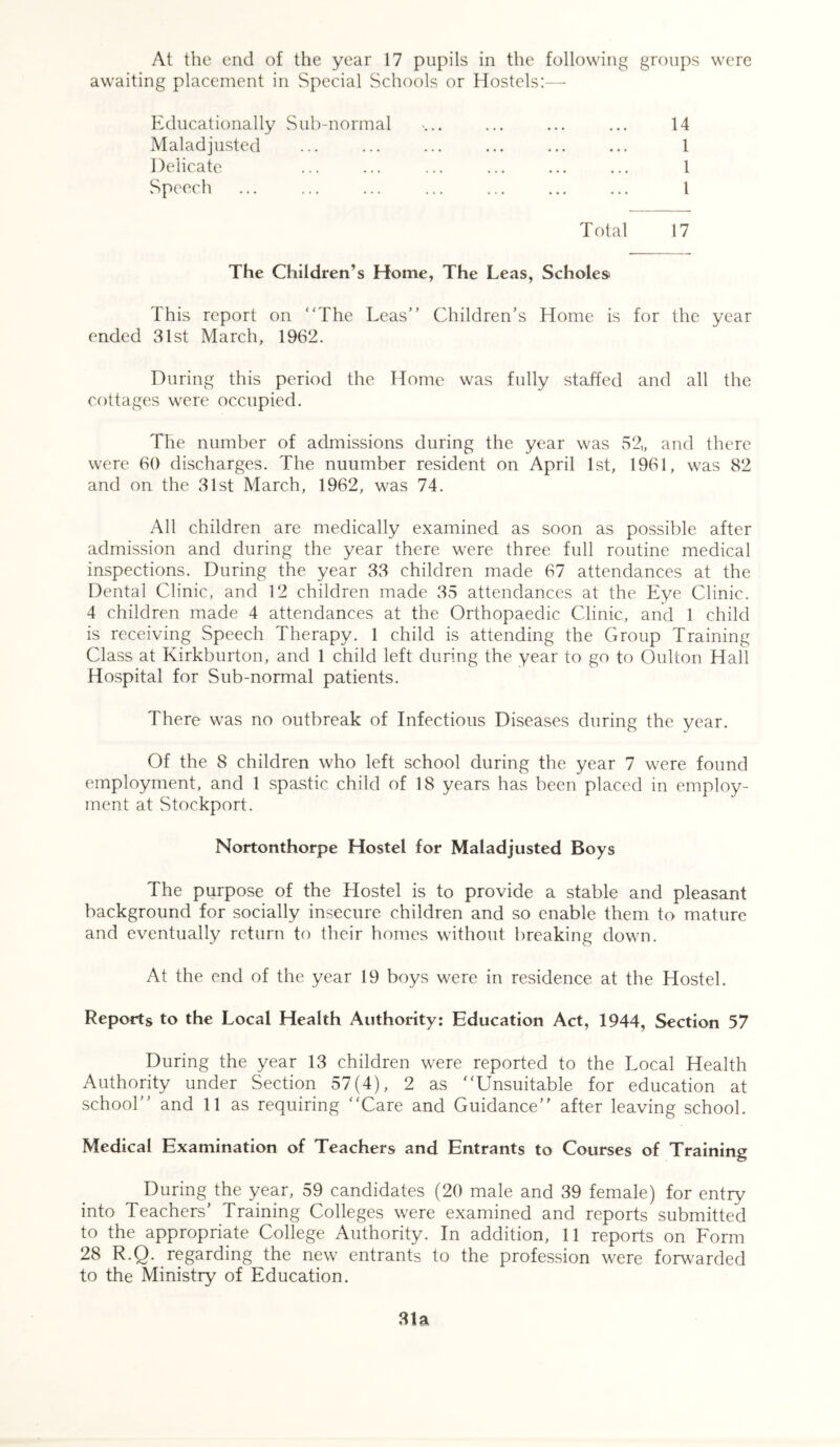 awaiting placement in Special Schools or Hostels:— Educationally Sub-normal ... ... ... ... 14 Maladjusted ... ... ... ... ... ... 1 Delicate ... ... ... ... ... ... 1 Speech ... 1 Total 17 The Children’s Home, The Leas, Scholes* This report on “The Leas” Children’s Home is for the year ended 31st March, 1962. During this period the Home was fully staffed and all the cottages were occupied. The number of admissions during the year was 52„ and there were 60 discharges. The nuumber resident on April 1st, 1961, was 82 and on the 31st March, 1962, was 74. All children are medically examined as soon as possible after admission and during the year there were three full routine medical inspections. During the year 33 children made 67 attendances at the Dental Clinic, and 12 children made 35 attendances at the Eye Clinic. 4 children made 4 attendances at the Orthopaedic Clinic, and 1 child is receiving Speech Therapy. 1 child is attending the Group Training Class at Kirkburton, and 1 child left during the year to go to Oulton Hall Hospital for Sub-normal patients. There was no outbreak of Infectious Diseases during the year. Of the 8 children who left school during the year 7 were found employment, and 1 spastic child of 18 years has been placed in employ- ment at Stockport. Nortonthorpe Hostel for Maladjusted Boys The purpose of the Hostel is to provide a stable and pleasant background for socially insecure children and so enable them to mature and eventually return to their homes without breaking down. At the end of the year 19 boys were in residence at the Hostel. Reports to the Local Health Authority: Education Act, 1944, Section 57 During the year 13 children were reported to the Local Health Authority under Section 57(4), 2 as “Unsuitable for education at school” and 11 as requiring “Care and Guidance” after leaving school. Medical Examination of Teachers and Entrants to Courses of Training During the year, 59 candidates (20 male and 39 female) for entry into Teachers’ Training Colleges were examined and reports submitted to the appropriate College Authority. In addition, 11 reports on Form 28 R.Q. regarding the new entrants to the profession were forwarded to the Ministry of Education. 31a
