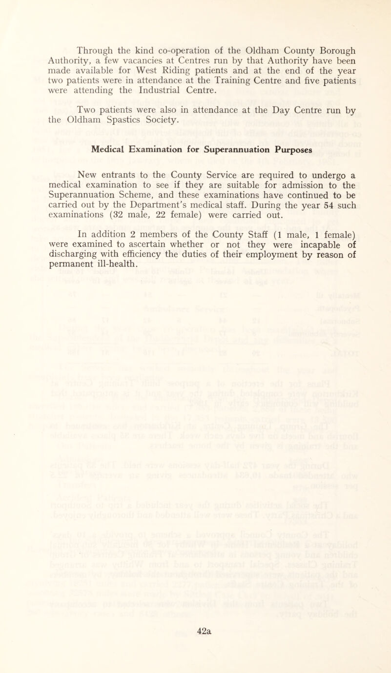 Through the kind co-operation of the Oldham County Borough Authority, a few vacancies at Centres run by that Authority have been made available for West Riding patients and at the end of the year two patients were in attendance at the Training Centre and five patients were attending the Industrial Centre. Two patients were also in attendance at the Day Centre run by the Oldham Spastics Society. Medical Examination for Superannuation Purposes New entrants to the County Service are required to undergo a medical examination to see if they are suitable for admission to the Superannuation Scheme, and these examinations have continued to be carried out by the Department's medical staff. During the year 54 such examinations (32 male, 22 female) were carried out. In addition 2 members of the County Staff (1 male, 1 female) were examined to ascertain whether or not they were incapable of discharging with efficiency the duties of their employment by reason of permanent ill-health. 42a