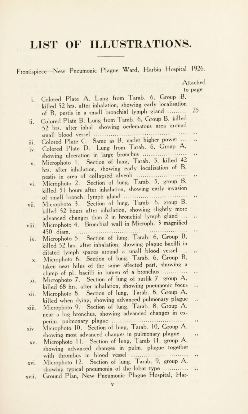 LIST OF ILLUSTRATIONS. Frontispiece—New Pneumonic Plague Ward, Harbin Hospital 1926. Attached to page i. Colored Plate A. Lung from Tarab. 6, Group B, killed 52 hrs. after inhalation, showing early localisation of B, pestis in a small bronchial lymph gland . 25 ii. Colored Plate B. Lung from Tarab. 6, Group B, killed 52 hrs. after inhal. showing oedematous area around small blood vessel . iii. Colored Plate C. Same as B, under higher power ,, iv. Colored Plate D. Lung from Tarab. 6, Group A, showing ulceration in large bronchus ...••• »* v. Microphoto 1. Section of lung, Tarab. 3, killed 42 hrs. after inhalation, showing early localisation of B, pestis in area of collapsed alveoli .” vi. Microphoto 2. Section of lung, Tarab. 5, group B, killed 51 hours after inhalation, showing early invasion of small bronch. lymph gland .. »» vii. Microphoto 3. Section of lung, Tarab. 6, group B, killed 52 hours after inhalation, showing slightly more advanced changes than 2 in bronchial lymph gland ... viii. Microphoto 4. Bronchial wall in Microph. 3 magnified 450 ... ” ix. Microphoto 5. Section of lung, Tarab. 6, Group B, killed 52 hrs. after inhalation, showing plague bacilli in dilated lymph spaces around a small blood vessel ... ,, x. Microphoto 6. Section of lung, Tarab. 6, Group B, taken near hilus of the same affected part, showing a clump of pi. bacilli in lumen of a bronchus . xi. Microphoto 7. Section of lung of suslik 7, group A, killed 68 hrs. after inhalation, showing pneumonic focus ,, xii. Microphoto 8. Section of lung, Tarab. 8, Group A, killed when dying, showing advanced pulmonary plague xiii. Microphoto 9. Section of lung, Tarab. 8, Group A, near a big bronchus, showing advanced changes in ex- perim. pulmonary plague . xiv. Microphoto 10. Section of lung, Tarab. 10, Group A, showing most advanced changes in pulmonary plague ... ,, xv. Microphoto 11. Section of lung, Tarab 11, group A, showing advanced changes in pulm. plague together with thrombus in blood vessel . xvi. Microphoto 12. Section of lung, Tarab. 9, group A, showing typical pneumonia of the lobar type . ,, xvii. Ground Plan, New Pneumonic Plague Hospital, Har-