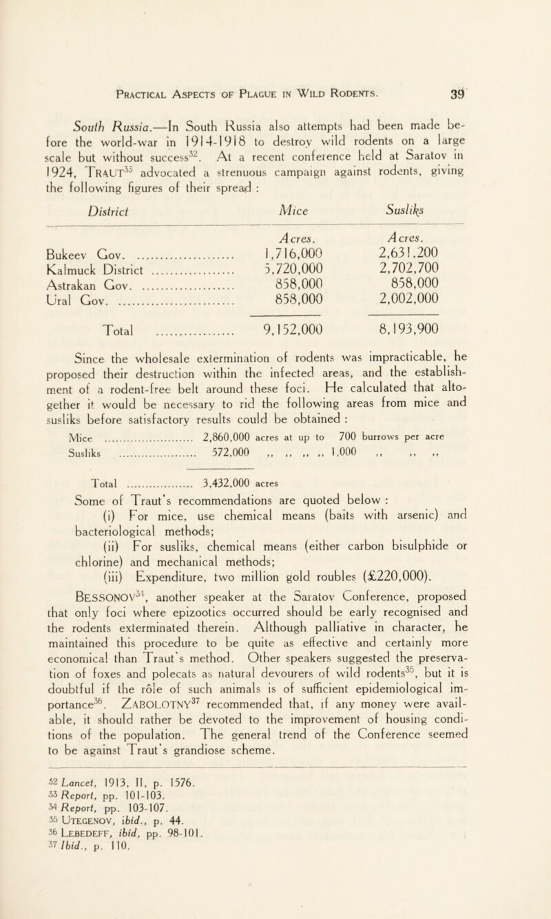 South Russia.—In South Russia also attempts had been made be¬ fore the world-war in 1914-1918 to destroy wild rodents on a large scale but without success32. At a recent conference held at Saratov in 1924, TraUT30 advocated a strenuous campaign against rodents, giving the following figures of their spread : District Mice Susliks Acres. Acres. Bukeev Gov. 1,716,000 2,631.200 Kalmuck District . 3,720,000 2,702,700 Astrakan Gov. 858,000 858,000 Ural Gov. 858,000 2,002,000 Total . 9,152,000 8,193,900 Since the wholesale extermination of rodents was impracticable, he proposed their destruction within the infected areas, and the establish¬ ment of a rodent-free belt around these foci. He calculated that alto¬ gether it would be necessary to rid the following areas from mice and susliks before satisfactory results could be obtained : Mice . 2.860,000 acres at up to 700 burrows per acre Susliks . 572,000 ,, ,, ,, ,, 1,000 ,, ,, ,, Total . 3,432,000 acres Some of Traut’s recommendations are quoted below : (i) h or mice, use chemical means (baits with arsenic) and bacteriological methods; (ii) For susliks, chemical means (either carbon bisulphide or chlorine) and mechanical methods; (iii) Expenditure, two million gold roubles (£220,000). BESSONOV34, another speaker at the Saratov Conference, proposed that only foci where epizootics occurred should be early recognised and the rodents exterminated therein. Although palliative in character, he maintained this procedure to be quite as effective and certainly more economical than Traut s method. Other speakers suggested the preserva¬ tion of foxes and polecats as natural devourers of wild rodents35, but it is doubtful if the role of such animals is of sufficient epidemiological im¬ portance36. ZABOLOTNY3' recommended that, if any money were avail¬ able, it should rather be devoted to the improvement of housing condi¬ tions of the population. 1 he general trend of the Conference seemed to be against Traut’s grandiose scheme. 52 Lancet, 1913, II, p. 1576. 53 Report, pp. 101-103. 34 Report, pp. 103-107. 35 UTEGENOV, ibid., p. 44. 35 Lebedeff, ibid, pp. 98-101. 37 Ibid., p. 110.