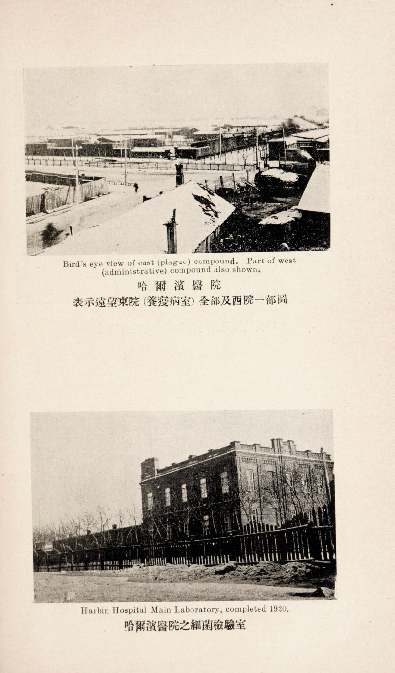 Bird’s eye view of east (plague) compound. Parc of west (administrative) compound also shown. Harbin Hospital Main Laboratory, completed 1920.