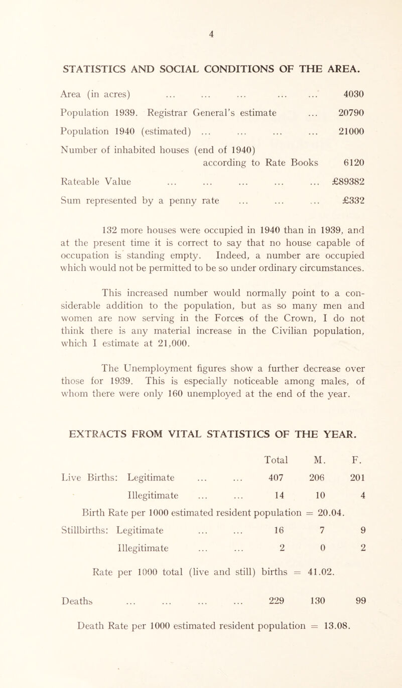 STATISTICS AND SOCIAL CONDITIONS OF THE AREA. Area (in acres) ... ... ... ... ... 4030 Population 1939. Registrar General’s estimate ... 20790 Population 1940 (estimated) ... ... ... ... 21000 Number of inhabited houses (end of 1940) according to Rate Books 6120 Rateable Value ... ... ... ... ... £89382 Sum represented by a penny rate ... ... ... £332 132 more houses were occupied in 1940 than in 1939, and at the present time it is correct to say that no house capable of occupation is standing empty. Indeed, a number are occupied which would not be permitted to be so under ordinary circumstances. This increased number would normally point to a con- siderable addition to the population, but as so many men and women are now serving in the Forces of the Crown, I do not think there is any material increase in the Civilian population, which I estimate at 21,000. The Unemployment figures show a further decrease over those for 1939. This is especially noticeable among males, of whom there were only 160 unemployed at the end of the year. EXTRACTS FROM VITAL STATISTICS OF THE YEAR. Total M. F. Live Births: Legitimate ... ... 407 206 201 Illegitimate ... ... 14 10 4 Birth Rate per 1000 estimated resident population = 20.04. Stillbirths: Legitimate ... ... 16 7 9 Illegitimate ... ... 2 0 2 Rate per 1000 total (live and still) births = 41.02. Deaths 229 130 99 Death Rate per 1000 estimated resident population = 13.08.