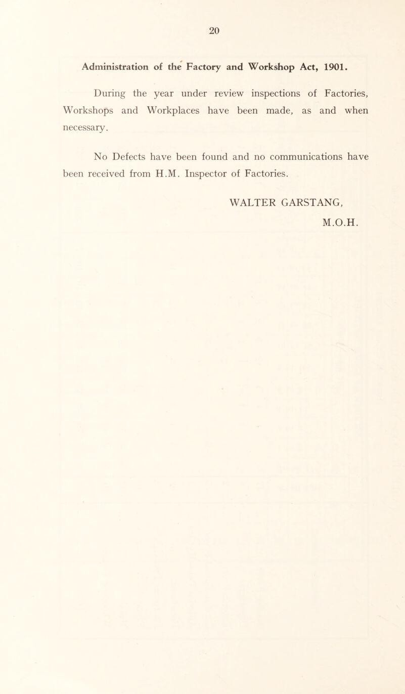 Administration of the Factory and Workshop Act, 1901. During the year under review inspections of Factories, Workshops and Workplaces have been made, as and when necessary. No Defects have been found and no communications have been received from H.M. Inspector of Factories. WALTER GARSTANG, M.O.H.