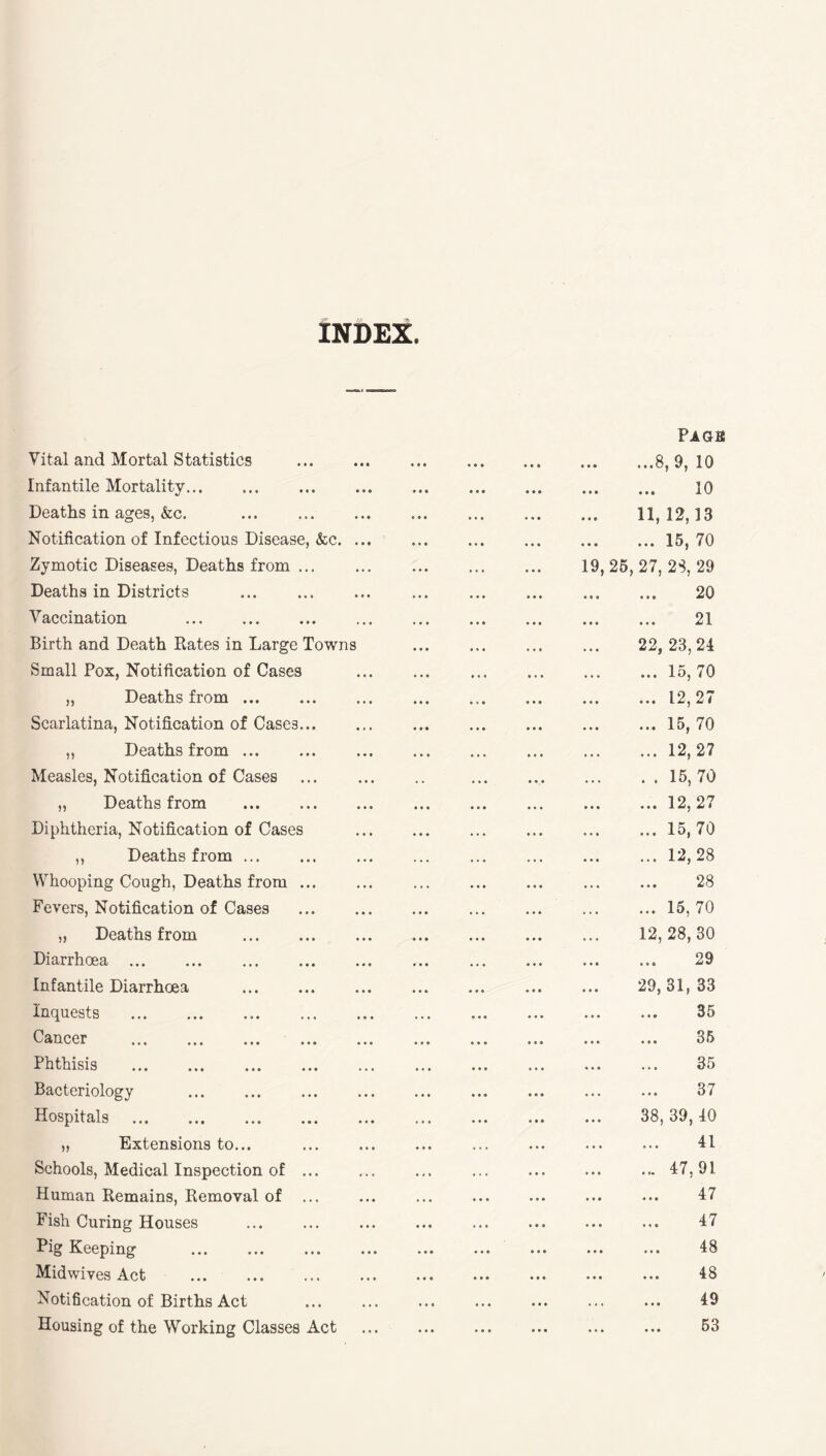 INDEX. Vital and Mortal Statistics Infantile Mortality. Deaths in ages, &c. . Notification of Infectious Disease, &c. Zymotic Diseases, Deaths from ... Deaths in Districts . Vaccination . Birth and Death Rates in Large Towns Small Pox, Notification of Cases „ Deaths from. Scarlatina, Notification of Cases... ,, Deaths from ... Measles, Notification of Cases „ Deaths from . Diphtheria, Notification of Cases ,, Deaths from ... Whooping Cough, Deaths from ... Fevers, Notification of Cases „ Deaths from . Diarrhoea. Infantile Diarrhoea . Inquests .. Cancer . Phthisis . Bacteriology . Hospitals . „ Extensions to... Schools, Medical Inspection of ... Human Remains, Removal of ... Fish Curing Houses Pig Keeping . Midwives Act . Notification of Births Act Housing of the Working Classes Act PlGB .8, 9, 10 ... ... 10 11,12,13 .15, 70 19,25,27,28,29 . 20 . 21 22, 23,24 ... ... 15, 70 .12,27 .15,70 .12,27 .15,70 .12,27 .15,70 .12,28 . 28 .15,70 12,28,30 . 29 29,31,33 . 35 . 35 . 35 . 37 38, 39, 40 . 41 .47,91 . 47 . 47 . 48 48 . 49 ... ... 53