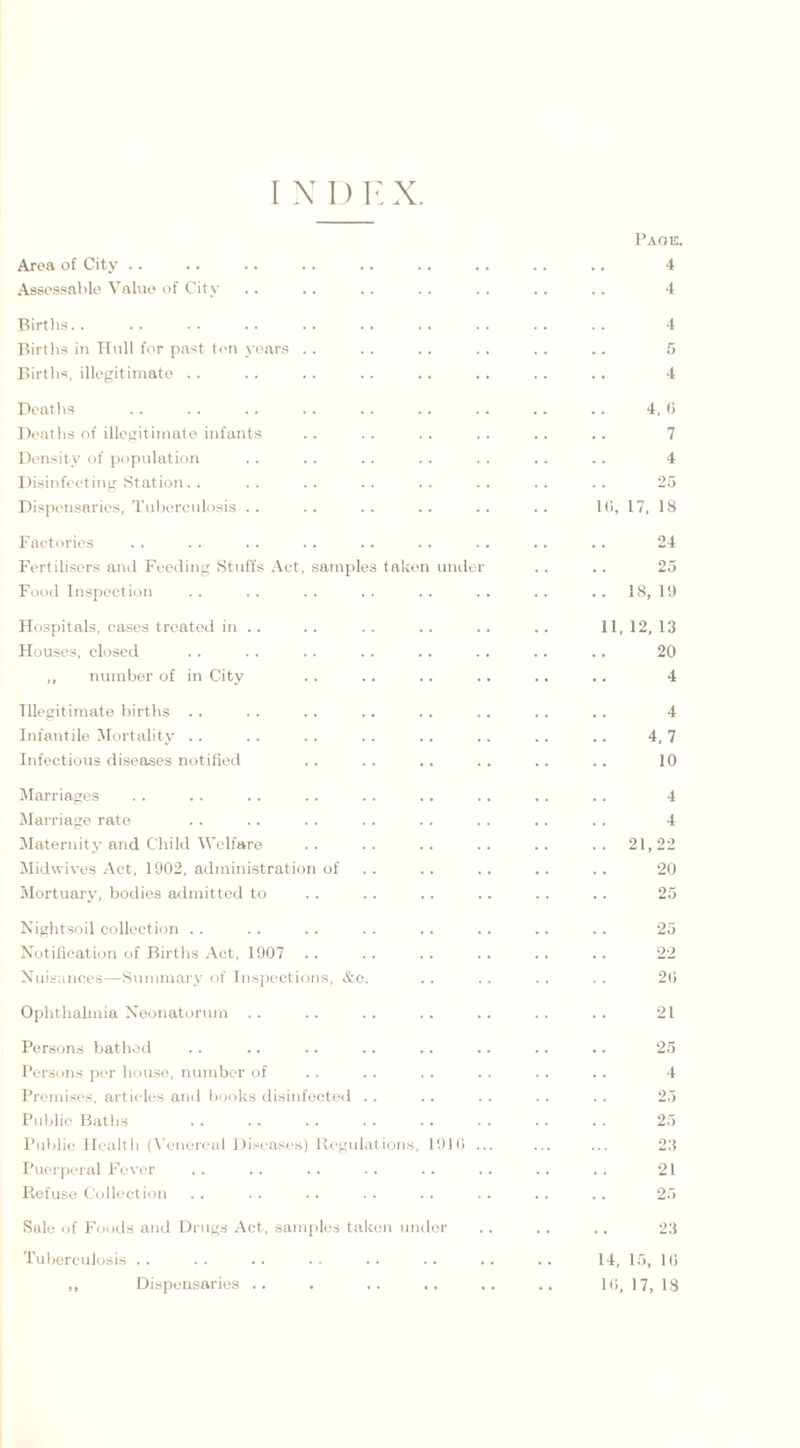 Area of City Page. 4 Assessable Value of City 4 Births.. 4 Births in Hull for past ten years . . 5 Births, illegitimate . . 4 Deaths 4, 0 Deaths of illegitimate infants 7 Density of population 4 Disinfecting Station.. 25 Dispensaries, Tuberculosis 10, 17. 18 Factories 24 Fertilisers and Feeding Stuffs Act, samples taken under 25 Food Inspection .. 18,19 Hospitals, cases treated in .. 11, 12. 13 Houses, closed 20 ,, number of in City 4 Illegitimate births .. 4 Infantile Mortality . . 4,7 Infectious diseases notified 10 Marriages 4 Marriage rate 4 Maternity and Child Welfare .. 21,22 Midwives Act, 1902, administration of 20 Mortuary, bodies admitted to 25 Nightsoil collection .. 25 Notification of Births Act, 1907 .. 22 Nuisances—Summary of Inspections, &c. 20 Ophthalmia Neonatorum 21 Persons bathed 25 Persons per house, number of 4 Premises, articles and books disinfected .. 25 Public Baths 25 Public Health (Venereal Diseases) Regulations, 1910 ... 23 Puerperal Fever 21 Refuse Collection 25 Sale of Foods and Drugs Act, samples taken under 23 Tuberculosis .. . . 14, 15, 10 ,, Dispensaries .. • • 10, 17, 18