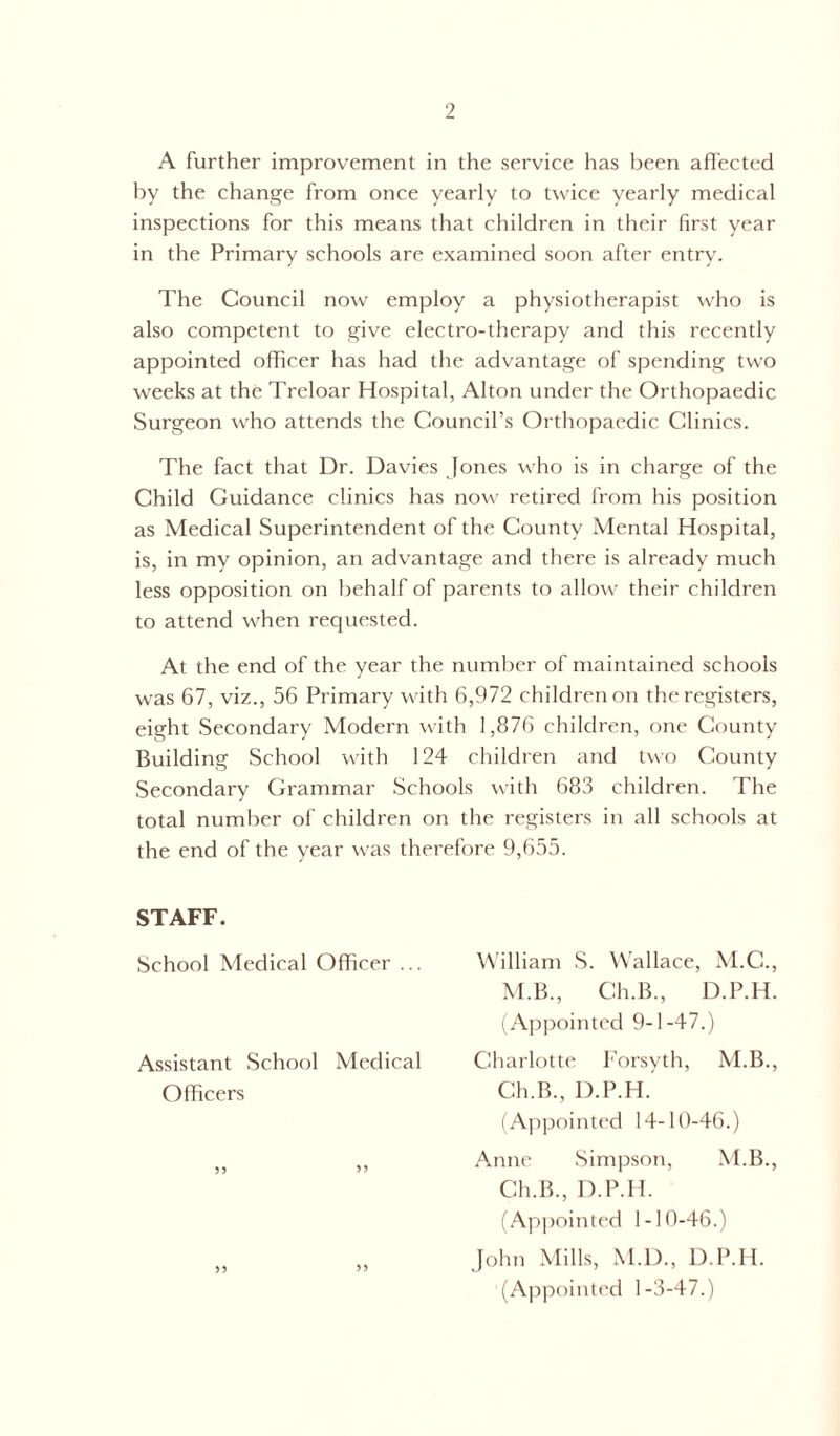 A further improvement in the service has been affected by the change from once yearly to twice yearly medical inspections for this means that children in their first year in the Primary schools are examined soon after entry. The Council now employ a physiotherapist who is also competent to give electro-therapy and this recently appointed officer has had the advantage of spending two weeks at the Treloar Hospital, Alton under the Orthopaedic Surgeon who attends the Council’s Orthopaedic Clinics. The fact that Dr. Davies Jones who is in charge of the Child Guidance clinics has now retired from his position as Medical Superintendent of the County Mental Hospital, is, in my opinion, an advantage and there is already much less opposition on behalf of parents to allow their children to attend when requested. At the end of the year the number of maintained schools was 67, viz., 56 Primary with 6,972 children on the registers, eight Secondary Modern with 1,876 children, one County Building School with 124 children and two County Secondary Grammar Schools with 683 children. The total number of children on the registers in all schools at the end of the year was therefore 9,655. STAFF. School Medical Officer ... Assistant School Medical Officers William S. Wallace, M.C., M.B., Ch.B., D.P.H. (Appointed 9-1-47.) Charlotte Forsyth, M.B., Ch.B., D.P.H. (Appointed 14-10-46.) Anne Simpson, M.B., Ch.B., D.P.H. (Appointed 1-10-46.) John Mills, M.D., D.P.H. (Appointed 1-3-47.) >?