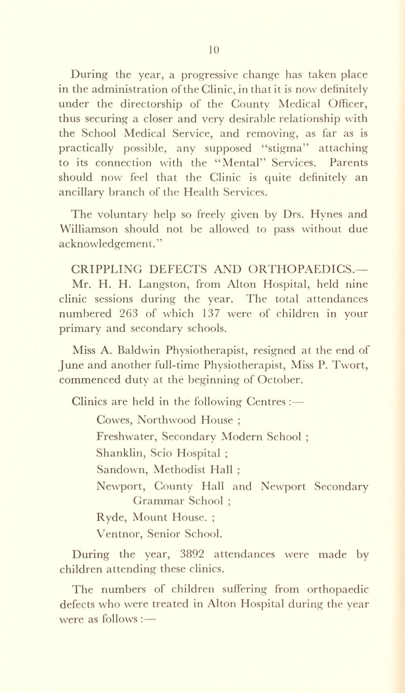 During the year, a progressive change has taken place in the administration of the Clinic, in that it is now definitely under the directorship of the County Medical Officer, thus securing a closer and very desirable relationship with the School Medical Service, and removing, as far as is practically possible, any supposed “stigma” attaching to its connection with the “Mental” Services. Parents should now feel that the Clinic is quite definitely an ancillary branch of the Health Services. The voluntary help so freely given by Drs. Hynes and Williamson should not be allowed to pass without due acknowledgement.” CRIPPLING DEFECTS AND ORTHOPAEDICS.— Mr. H. H. Langston, from Alton Hospital, held nine clinic sessions during the year. The total attendances numbered 263 of which 137 were of children in your primary and secondary schools. Miss A. Baldwin Physiotherapist, resigned at the end of June and another full-time Physiotherapist, Miss P. Twort, commenced duty at the beginning of October. Clinics are held in the following Centres :— Cowes, Northwood House ; Freshwater, Secondary Modern School ; Shanklin, Scio Hospital ; Sandown, Methodist Hall ; Newport, County Hall and Newport Secondary Grammar School ; Ryde, Mount House. ; Ventnor, Senior School. During the year, 3892 attendances were made by children attending these clinics. The numbers of children suffering from orthopaedic defects who were treated in Alton Hospital during the year were as follows :—
