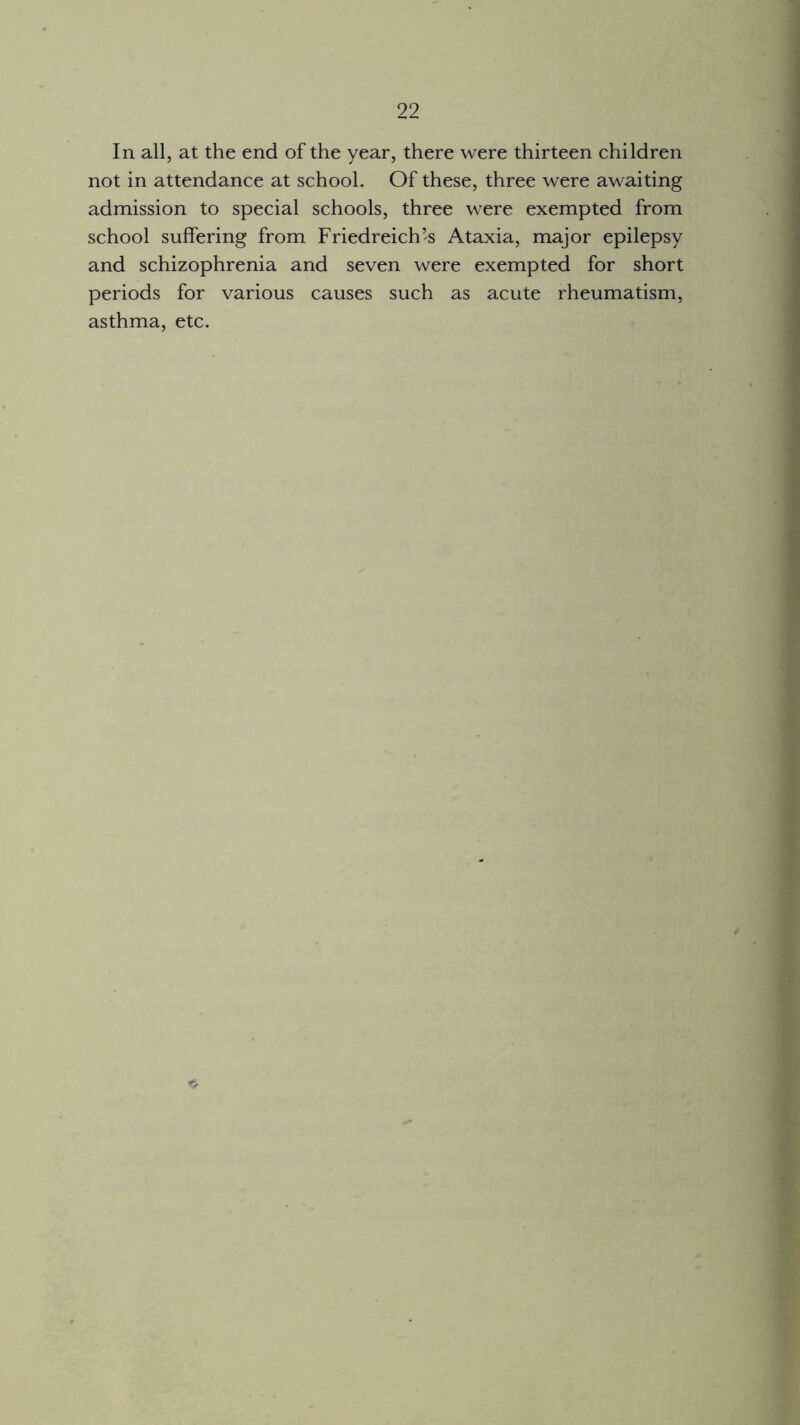 In all, at the end of the year, there were thirteen children not in attendance at school. Of these, three were awaiting admission to special schools, three were exempted from school suffering from Friedreich’s Ataxia, major epilepsy and schizophrenia and seven were exempted for short periods for various causes such as acute rheumatism, asthma, etc.
