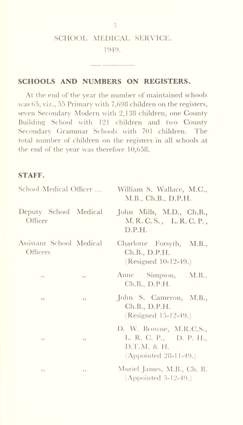 SCHOOL MEDICAL SERVICE. 1949. SCHOOLS AND NUMBERS ON REGISTERS. At the end of the year the number of maintained schools was 65, viz., 55 Primary with 7,698 children on the registers, seven Secondary Modern with 2,138 children, one County Building School with 121 children and two County Secondary Grammar Schools with 701 children. The total number of children on the registers in all schools at the end of the year was therefore 10,658. STAFF. School Medical Officer ... Deputy School Medical Officer Assistant School Medical Officers ?? 5? 5? 5 > William S. Wallace, M.C., M.B., Gh.B., D.P.H. John Mills, M.D., Ch.B., M. R. C. S., L. R. C. P., D.P.H. Charlotte Forsyth, M.B., Ch.B., D.P.H. (Resigned 10-12-49.) Anne Simpson, M.B., Ch.B., D.P.H. John S. Cameron, M.B., Ch.B., D.P.H. (Resigned 15-12-49.) D. W. Biowne, M.R.C.S., L. R. C. P., I). P. IL, D.T.M. & 11. (Appointed 28-1 1-49.) Muriel James, M.B., Ch. B. (Appointed 5-12-49.)