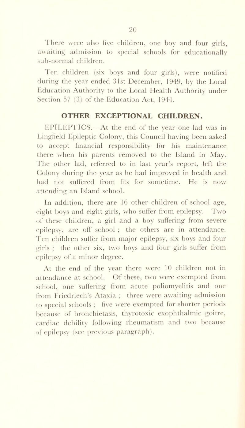 There were also five children, one boy and four girls, awaiting admission to special schools for educationally sub-normal children. Ten children (six boys and four girls), were notified during the year ended 31st December, 1949, by the Local Education Authority to the Local Health Authority under Section 57 (3) of the Education Act, 1944. OTHER EXCEPTIONAL CHILDREN. EPILEPTICS.—At the end of the year one lad was in Lingfield Epileptic Colony, this Council having been asked to accept financial responsibility for his maintenance there when his parents removed to the Island in May. The other lad, referred to in last year’s report, left the Colonv during the year as he had improved in health and had not suffered from fits for sometime. He is now attending an Island school. In addition, there are 16 other children of school age, eight boys and eight girls, who suffer from epilepsy. Two of these children, a girl and a boy suffering from severe epilepsy, are off school ; the others are in attendance. Ten children suffer from major epilepsy, six boys and four girls ; the other six, two boys and four girls suffer from epilepsy of a minor degree. At the end of the year there were 10 children not in attendance at school. Of these, two were exempted from school, one suffering from acute poliomyelitis and one from Fricdriech’s Ataxia ; three were awaiting admission to special schools ; five were exempted for shorter periods because of bronchietasis, thyrotoxic exophthalmic goitre, cardiac debility following rheumatism and two because of epilepsy (see previous paragraph).
