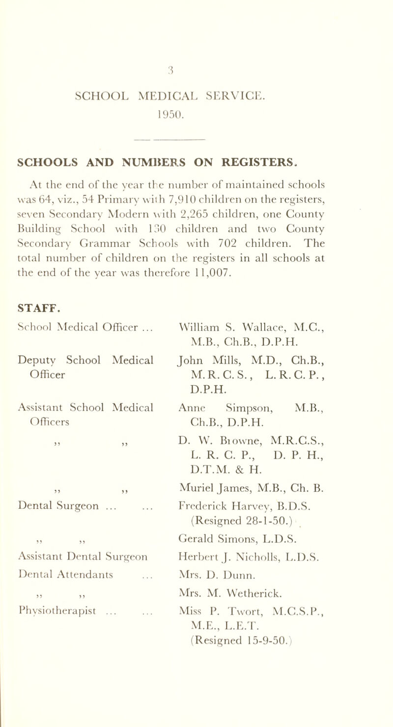 SCHOOL MEDICAL SERVICE. 1950. SCHOOLS AND NUMHERS ON REGISTERS. At the end of the year the number of maintained schools was 64, viz., 54 Primary with 7,910 children on the registers, seven Secondary Modern with 2,265 children, one County Building School with 130 children and two County Secondary Grammar Schools with 702 children. The total number of children on the registers in all schools at the end of the vear was therefore 11.007. STAFF. School Medical Officer ... Deputy School Medical Officer Assistant School Medical Officers 95 5) 55 99 Dental Surgeon ... 55 95 Assistant Dental Surgeon Dental Attendants 9 9 5 5 Physiotherapist ... William S. Wallace, M.C., M.B., Ch.B., D.P.H. John Mills, M.D., Ch.B., M.R.C.S., L. R.C. P., D.P.H. Anne Simpson, M.B., Ch.B., D.P.H. D. W. Biowne, M.R.C.S., L. R. C. P., D. P. H., D.T.M. & H. Muriel James, M.B., Ch. B. Frederick Harvey, B.D.S. (Resigned 28-1-50.) Gerald Simons, L.D.S. Herbert J. Nicholls, L.D.S. Mrs. D. Dunn. Mrs. M. Wetherick. Miss P. Twort, M.C.S.P., M. E., L.E.T. (Resigned 15-9-50.)