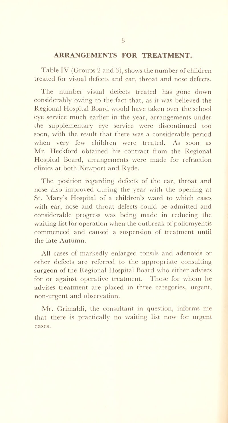 ARRANGEMENTS FOR TREATMENT. Table IV (Groups 2 and 3), shows the number of children treated for visual defects and ear, throat and nose defects. The number visual defects treated has gone down considerably owing to the fact that, as it was believed the Regional Hospital Board would have taken over the school eye service much earlier in the year, arrangements under the supplementary eye service were discontinued too soon, with the result that there was a considerable period when very few children were treated. As soon as Mr. Heckford obtained his contract from the Regional Hospital Board, arrangements were made for refraction clinics at both Newport and Ryde. The position regarding defects of the ear, throat and nose also improved during the year with the opening at St. Mary’s Hospital of a children’s ward to which cases with ear, nose and throat defects could be admitted and considerable progress was being made in reducing the waiting list for operation when the outbreak of poliomyelitis commenced and caused a suspension of treatment until the late Autumn. All cases of markedly enlarged tonsils and adenoids or other defects are referred to the appropriate consulting surgeon of the Regional Hospital Board who either advises for or against operative treatment. Those for whom he advises treatment are placed in three categories, urgent, non-urgent and observation. Mr. Grimaldi, the consultant in question, informs me that there is practically no waiting list now for urgent cases.