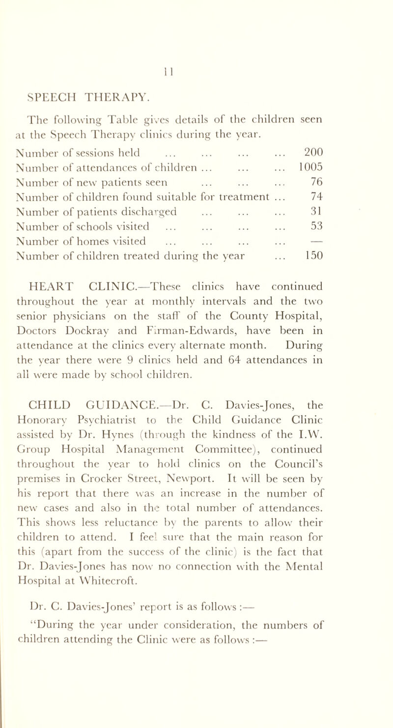 SPEECH THERAPY. The following Table gives details of the children seen at the Speech Therapy clinics during the year. Number of sessions held ... ... ... ... 200 Number of attendances of children ... ... ... 1005 Number of new patients seen ... ... ... 76 Number of children found suitable for treatment ... 74 Number of patients discharged ... ... ... 31 Number of schools visited ... ... ... ... 53 Number of homes visited Number of children treated during the year ... 150 HEART CLINIC.—These clinics have continued throughout the year at monthly intervals and the two senior physicians on the staff of the County Hospital, Doctors Dockrav and Fu'man-Edwards, have been in attendance at the clinics every alternate month. During the year there were 9 clinics held and 64 attendances in all were made by school children. CHILD GUIDANCE.—Dr. C. Davies-Jones, the Honorary Psychiatrist to the Child Guidance Clinic assisted by Dr. Hynes (through the kindness of the I.W. Group Hospital Management Committee), continued throughout the year to hold clinics on the Council’s premises in Crocker Street, Newport. It will be seen by his report that there was an increase in the number of new’ cases and also in the total number of attendances. This shows less reluctance by the parents to allow their children to attend. I feel sure that the main reason for this (apart from the success of the clinic) is the fact that Dr. Davies-Jones has now no connection with the Mental Hospital at Whitecroft. Dr. C. Davies-Jones’ report is as follows :— “During the year under consideration, the numbers of children attending the Clinic were as follow’s :—