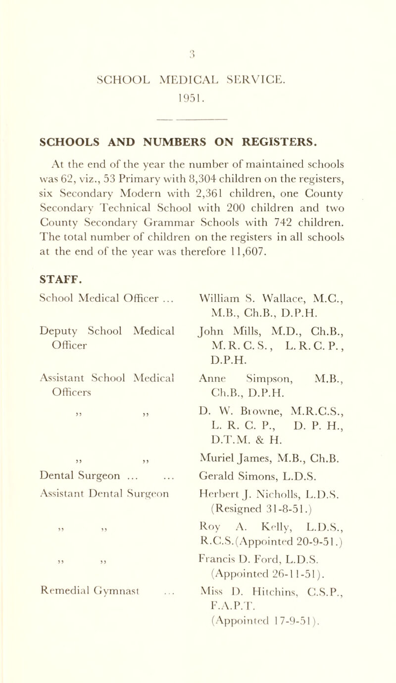 SCHOOL MEDICAL SERVICE. 1951. SCHOOLS AND NUMBERS ON REGISTERS. At the end of the year the number of maintained schools was 62, viz., 53 Primary with 8,304 children on the registers, six Secondary Modern with 2,361 children, one County Secondary Technical School with 200 children and two County Secondary Grammar Schools with 742 children. The total number of children on the registers in all schools at the end of the year was therefore 11,607. STAFF. School Medical Officer ... Deputy School Medical Officer Assistant School Medical Officers y> 55 55 >5 Dental Surgeon ... Assistant Dental Surgeon 55 55 5 5 5 5 William S. Wallace, M.C., M.B., Ch.B., D.P.H. John Mills, M.D., Ch.B., M. R. C. S., L. R. C. P., D.P.H. Anne Simpson, M.B., Ch.B., D.P.H. D. W. Browne, M.R.C.S., L. R. C. P., D. P. H., D.T.M. & H. Muriel James, M.B., Ch.B. Gerald Simons, L.D.S. Herbert J. Nicholls, L.D.S. (Resigned 31-8-51.) Roy A. Kelly, L.D.S., R.C.S.(Appointed 20-9-51.) Francis D. Ford, L.D.S. (Appointed 26-1 1-51). Miss D. Hitchins, C.S.P., F.A.P.T. (Appointed 17-9-51). Remedial Gymnast