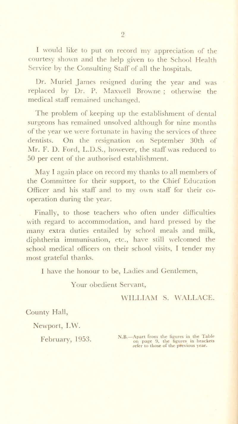 I would like to put on record my appreciation of the courtesy shown and the help given to the School Health Service by the Consulting Staff of all the hospitals. Dr. Muriel James resigned during the year and was replaced by Dr. P. Maxwell Browne ; otherwise the medical staff remained unchanged. The problem of keeping up the establishment of dental surgeons has remained unsolved although for nine months of the year we were fortunate in having the services of three dentists. On the resignation on September 30th of Mr. F. D. F ord, L.D.S., however, the staff was reduced to 50 per cent of the authorised establishment. May I again place on record my thanks to all members of the Committee for their support, to the Chief Education Officer and his staff and to my own staff for their co¬ operation during the year. Finally, to those teachers who often under difficulties with regard to accommodation, and hard pressed by the many extra duties entailed by school meals and milk, diphtheria immunisation, etc., have still welcomed the school medical officers on their school visits, I tender my most grateful thanks. 1 have the honour to be, Ladies and Gentlemen, Your obedient Servant, WILLIAM S. WALLACE. County Hall, Newport, I.W. February, 1953 N.B.—Apart from the figures in the Table on page 9, the figures in brackets refer to those of the previous year.