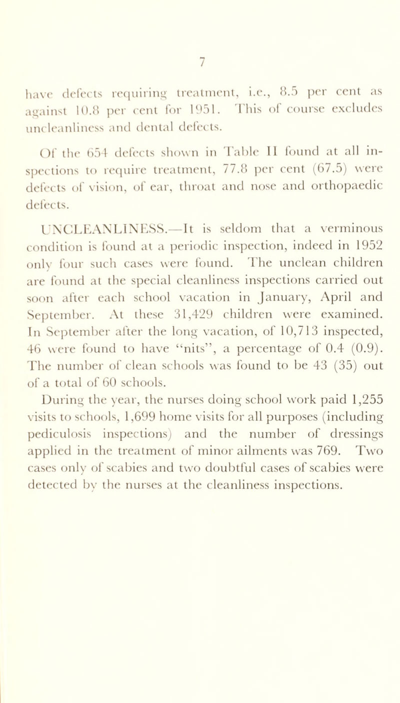 have defects requiring treatment, i.e., 8.5 per cent as against 10.8 per cent for 1951. This of course excludes uncleanliness and dental delects. Of the 654 defects shown in Table 11 found at all in¬ spections to require treatment, 77.8 per cent (67.5) were defects of vision, of ear, throat and nose and orthopaedic defects. UNCLEANLINESS.—It is seldom that a verminous condition is found at a periodic inspection, indeed in 1952 only four such cases were found. The unclean children are found at the special cleanliness inspections carried out soon after each school vacation in January, April and September. At these 31,429 children were examined. In September after the long vacation, of 10,713 inspected, 46 were found to have “nits”, a percentage of 0.4 (0.9). The number of clean schools was found to be 43 (35) out of a total of 60 schools. During the year, the nurses doing school work paid 1,255 visits to schools, 1,699 home visits for all purposes (including pediculosis inspections) and the number of dressings applied in the treatment of minor ailments was 769. Two cases only of scabies and two doubtful cases of scabies were detected by the nurses at the cleanliness inspections.