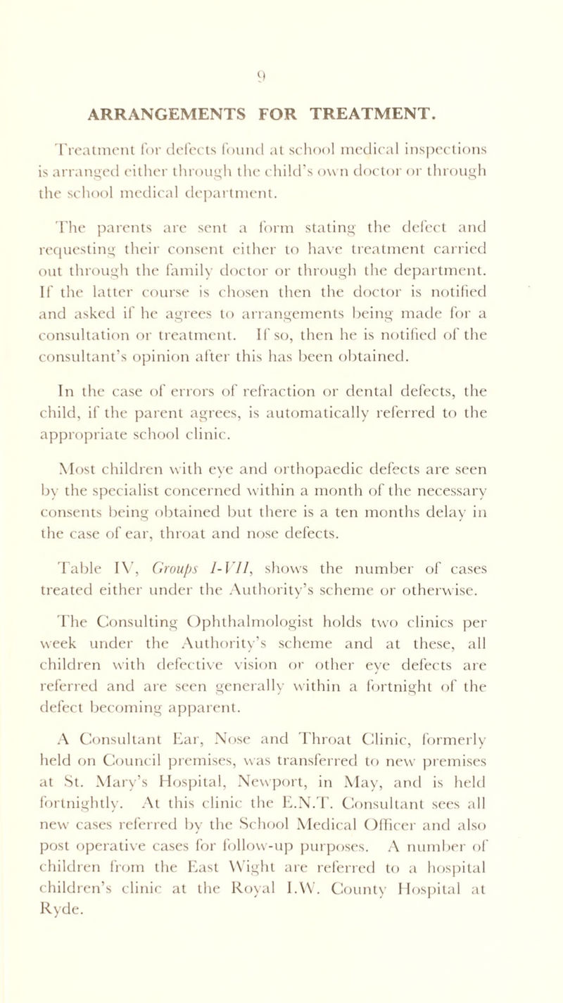 ARRANGEMENTS FOR TREATMENT. Treatment for defects found at school medical inspections is arranged either through the child’s own doctor or through the school medical department. The parents are sent a form stating the defect and requesting their consent either to have treatment carried out through the family doctor or through the department. If the latter course is chosen then the doctor is notified and asked if he agrees to arrangements being made for a consultation or treatment. If so, then he is notified of the consultant’s opinion after this has been obtained. In the case of errors of refraction or dental defects, the child, if the parent agrees, is automatically referred to the appropriate school clinic. Most children with eye and orthopaedic defects are seen by the specialist concerned within a month of the necessary consents being obtained but there is a ten months delay in the case of ear, throat and nose defects. Table IV, Groups I-VJI, shows the number of cases treated either under the Authority’s scheme or otherwise. The Consulting Ophthalmologist holds two clinics per week under the Authority’s scheme and at these, all children with defective vision or other eye defects are referred and are seen generally within a fortnight of the defect becoming apparent. A Consultant Ear, Nose and Throat Clinic, formerly held on Council premises, was transferred to new premises at St. Mary’s Hospital, Newport, in May, and is held fortnightly. At this clinic the E.N.T. Consultant sees all new cases referred by the School Medical Officer and also post operative cases for follow-up purposes. A number of children from the East Wight are referred to a hospital children’s clinic at the Royal I.W. County Hospital at Ryde.