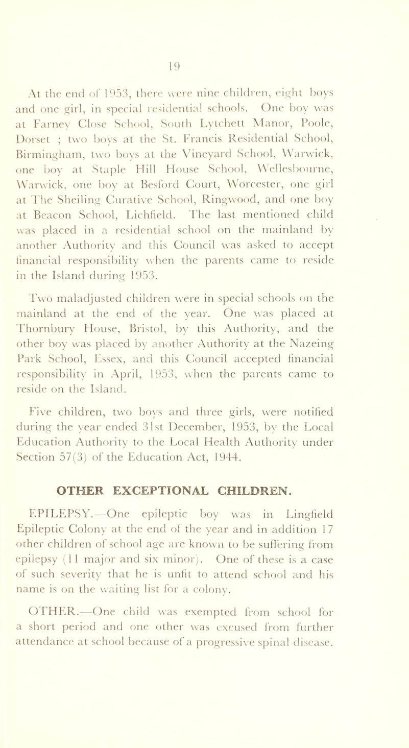 At the end of 1953, there were nine children, eight boys and one girl, in special residential schools. One boy was at Farney Close School, South Lytchett Manor, Poole, Dorset ; two boys at the St. Francis Residential School, Birmingham, two boys at the Vineyard School, Warwick, one boy at Staple Hill House School, Wellesbourne, Warwick, one boy at Besford Court, Worcester, one girl at The Sheiling Curative School, Ringwood, and one boy at Beacon School, Lichfield. The last mentioned child was placed in a residential school on the mainland by another Authority and this Council was asked to accept financial responsibility when the parents came to reside in the Island during 1953. Two maladjusted children were in special schools on the mainland at the end of the year. One was placed at Thornbury House, Bristol, by this Authority, and the other boy was placed by another Authority at the Nazeing Park School, Essex, and this Council accepted financial responsibility in April, 1953, when the parents came to reside on the Island. Five children, two boys and three girls, were notified during the year ended 31st December, 1953, by the Local Education Authority to the Eocal Health Authority under Section 57(3) of the Education Act, 1944. OTHER EXCEPTIONAL CHILDREN. EPILEPSY. One epileptic boy was in Eingfield Epileptic Colony at the end of the year and in addition 1 7 other children of school age are known to be suffering from epilepsy (1 1 major and six minor). One of these is a case of such severity that he is unfit to attend school and his name is on the waiting list for a colony. OTHER.—One child was exempted from school for a short period and one other was excused from further attendance at school because of a progressive spinal disease.