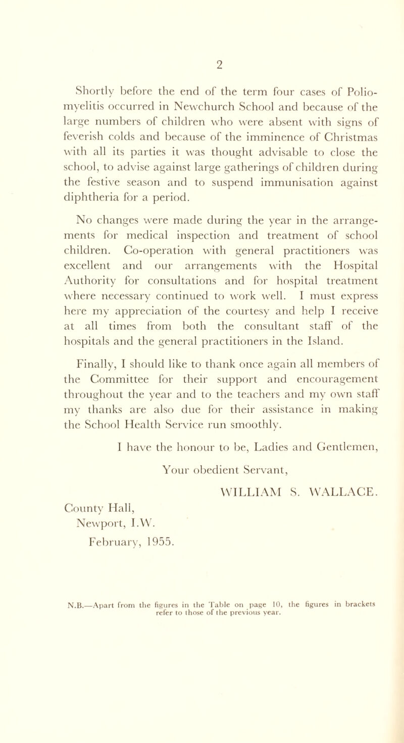 Shortly before the end of the term four cases of Polio¬ myelitis occurred in Newchurch School and because of the large numbers of children who were absent with signs of feverish colds and because of the imminence of Christmas with all its parties it was thought advisable to close the school, to advise against large gatherings of children during the festive season and to suspend immunisation against diphtheria for a period. No changes were made during the year in the arrange¬ ments for medical inspection and treatment of school children. Co-operation with general practitioners was excellent and our arrangements with the Hospital Authority for consultations and for hospital treatment where necessary continued to work well. I must express here my appreciation of the courtesy and help I receive at all times from both the consultant staff' of the hospitals and the general practitioners in the Island. Finally, I should like to thank once again all members of the Committee for their support and encouragement throughout the year and to the teachers and my own staff' my thanks are also due for their assistance in making the School Health Service run smoothly. I have the honour to be, Ladies and Gentlemen, Your obedient Servant, WILLIAM S. WALLACE. County Hall, Newport, I.W. February, 1955. N.B.—Apart from the figures in the Table on page 10, the figures in brackets refer to those of the previous year.
