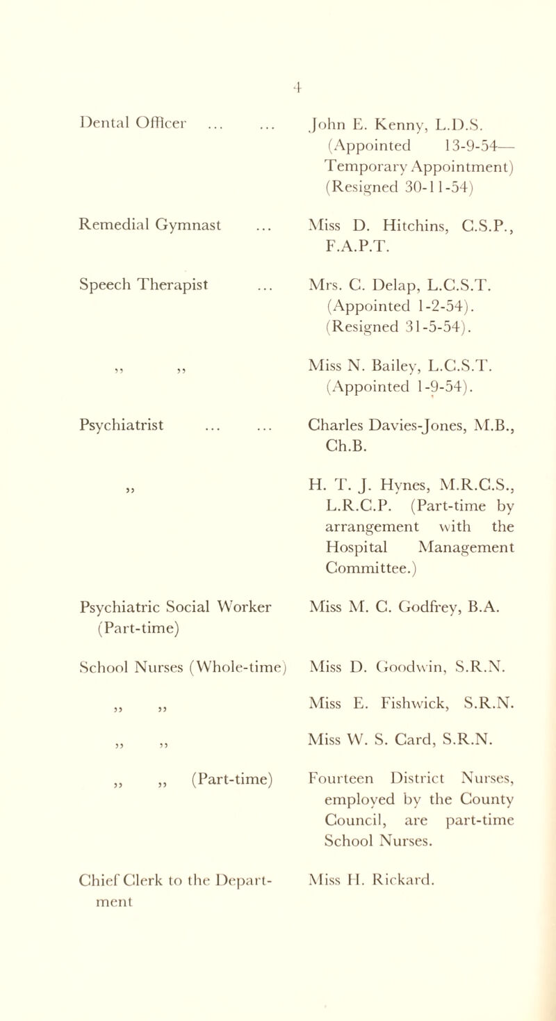 Dental Officer Remedial Gymnast Speech Therapist 55 55 Psychiatrist 55 Psychiatric Social Worker (Part-time) School Nurses (Whole-time) 55 55 55 5 5 „ ,, (Part-time) Chief Clerk to the Depart- John E. Kenny, L.D.S. (Appointed 13-9-54— Temporary Appointment) (Resigned 30-11-54) Miss D. Hitchins, C.S.P., F.A.P.T. Mrs. C. Delap, L.C.S.T. (Appointed 1-2-54). (Resigned 31-5-54). Miss N. Bailey, L.C.S.T. (Appointed 1-9-54). Charles Davies-Jones, M.B., Ch.B. H. T. J. Hynes, M.R.C.S., L.R.C.P. (Part-time by arrangement with the Hospital Management Committee.) Miss M. C. Godfrey, B.A. Miss D. Goodwin, S.R.N. Miss E. Fishwick, S.R.N. Miss W. S. Card, S.R.N. Fourteen District Nurses, employed by the County Council, are part-time School Nurses. Miss FI. Rickard.