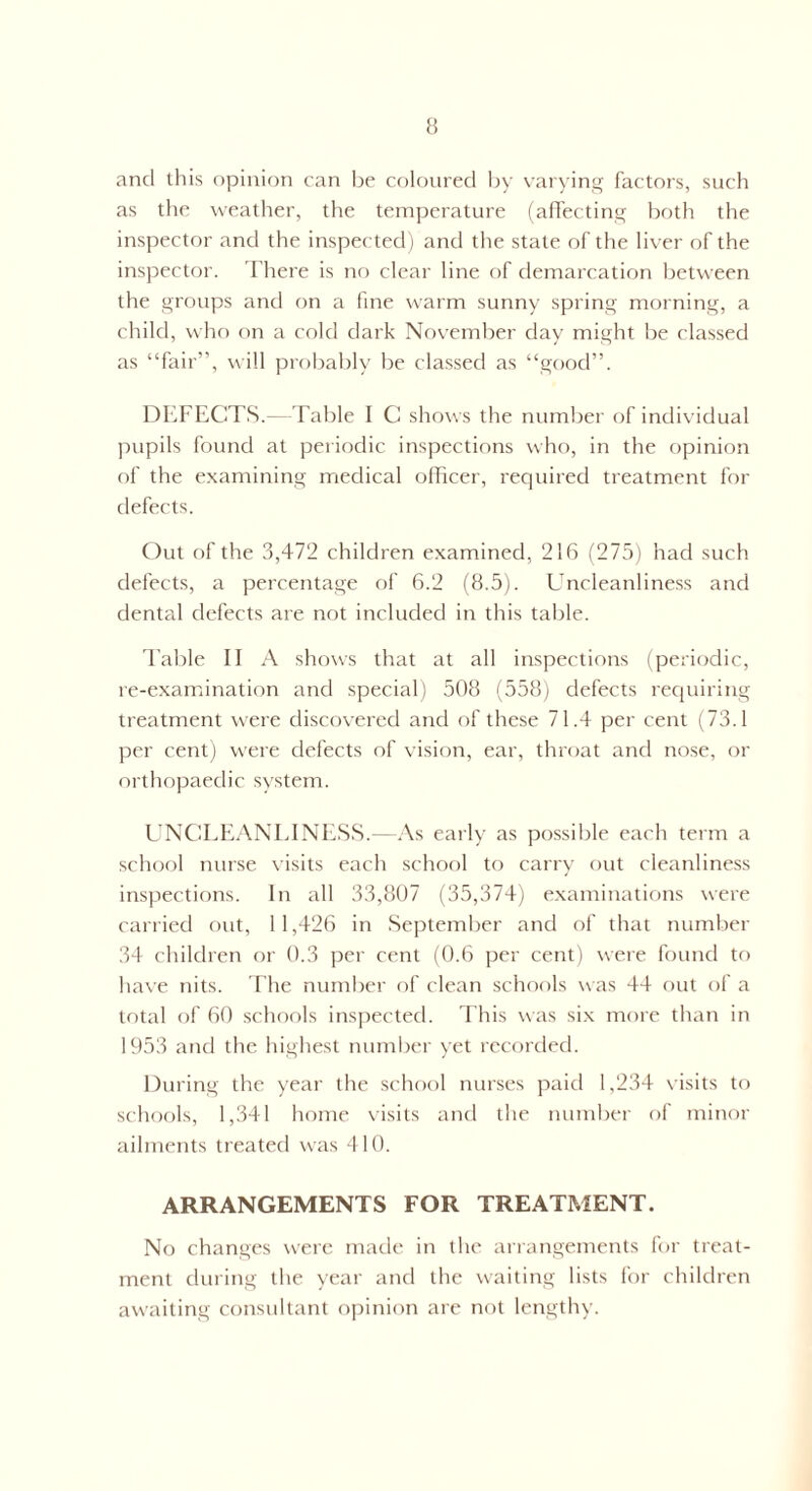 and this opinion can be coloured by varying factors, such as the weather, the temperature (affecting both the inspector and the inspected) and the state of the liver of the inspector. There is no clear line of demarcation between the groups and on a fine warm sunny spring morning, a child, who on a cold dark November day might be classed as “fair”, will probably be classed as “good”. DEFECTS.—Table I C shows the number of individual pupils found at periodic inspections who, in the opinion of the examining medical officer, required treatment for defects. Out of the 3,472 children examined, 216 (275) had such defects, a percentage of 6.2 (8.5). Uncleanliness and dental defects are not included in this table. Table II A shows that at all inspections (periodic, re-examination and special) 508 (558) defects requiring treatment were discovered and of these 71.4 per cent (73.1 per cent) were defects of vision, ear, throat and nose, or orthopaedic system. UNCLEANLINESS.—As early as possible each term a school nurse visits each school to carry out cleanliness inspections. In all 33,807 (35,374) examinations were carried out, 11,426 in September and of that number 34 children or 0.3 per cent (0.6 per cent) were found to have nits. The number of clean schools was 44 out of a total of 60 schools inspected. This was six more than in 1953 and the highest number yet recorded. During the year the school nurses paid 1,234 visits to schools, 1,341 home visits and the number of minor ailments treated was 410. ARRANGEMENTS FOR TREATMENT. No changes were made in the arrangements for treat¬ ment during the year and the waiting lists for children awaiting consultant opinion are not lengthy.