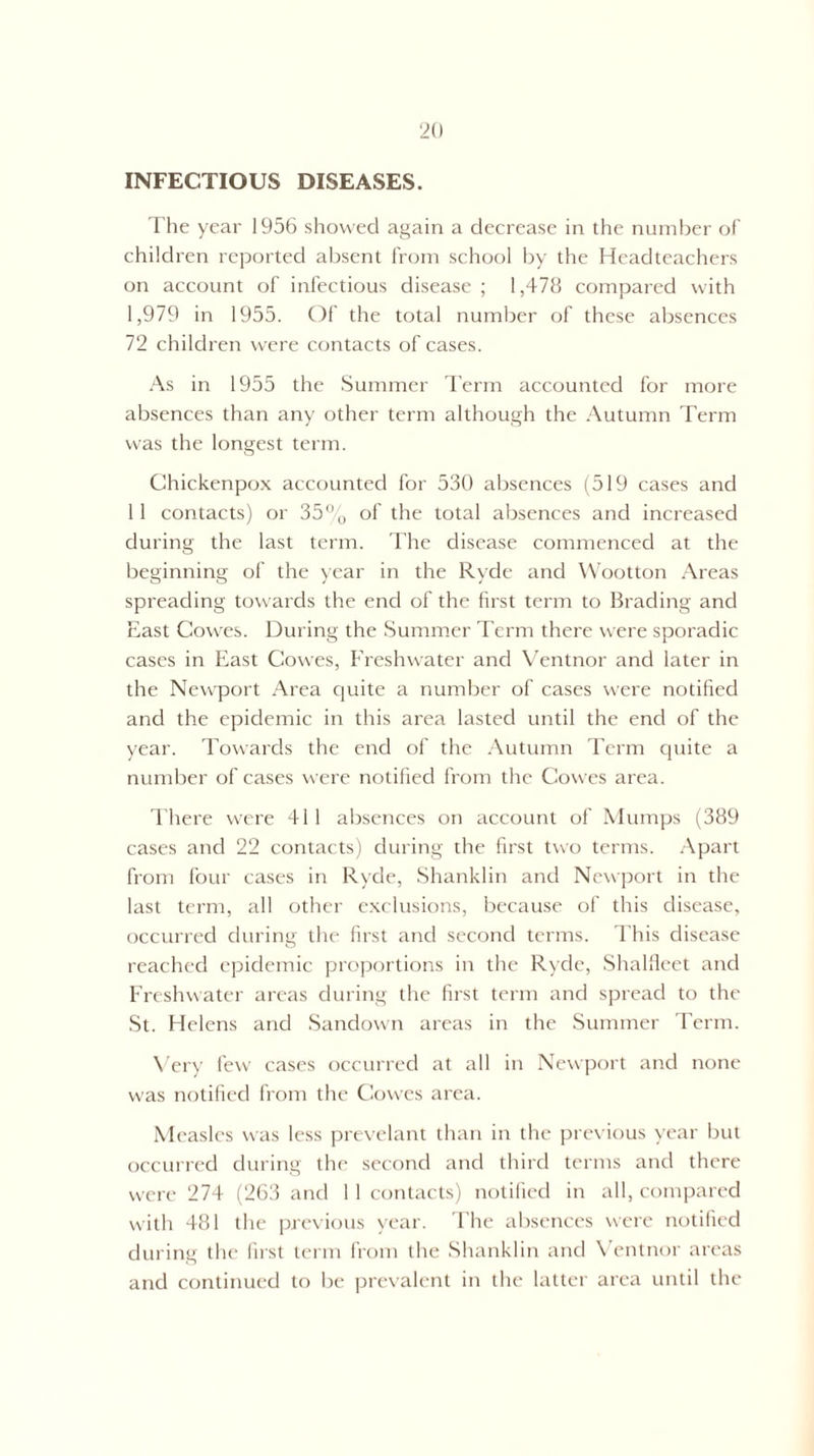 The year 1956 showed again a decrease in the number of children reported absent from school by the Headteachers on account of infectious disease; 1,478 compared with 1,979 in 1955. Of the total number of these absences 72 children were contacts of cases. As in 1955 the Summer Term accounted for more absences than any other term although the Autumn Term was the longest term. Chickenpox accounted for 530 absences (519 cases and 11 contacts) or 35% of the total absences and increased during the last term. The disease commenced at the beginning of the year in the Ryde and Wootton Areas spreading towards the end of the first term to Brading and East Cowes. During the Summer Term there were sporadic cases in East Cowes, Freshwater and Ventnor and later in the Newport Area quite a number of cases were notified and the epidemic in this area lasted until the end of the year. Towards the end of the Autumn Term quite a number of cases were notified from the Cowes area. There were 411 absences on account of Mumps (389 cases and 22 contacts) during the first two terms. Apart from four cases in Ryde, Shanklin and Newport in the last term, all other exclusions, because of this disease, occurred during the first and second terms. This disease reached epidemic proportions in the Ryde, Shalfleet and Freshwater areas during the first term and spread to the St. Helens and Sandown areas in the Summer Term. Very few cases occurred at all in Newport and none was notified from the Cowes area. Measles was less prevelant than in the previous year but occurred during the second and third terms and there were 274 (263 and 1 1 contacts) notified in all, compared with 481 the previous year. The absences were notified during the first term from the Shanklin and \ entnor areas and continued to be prevalent in the latter area until the