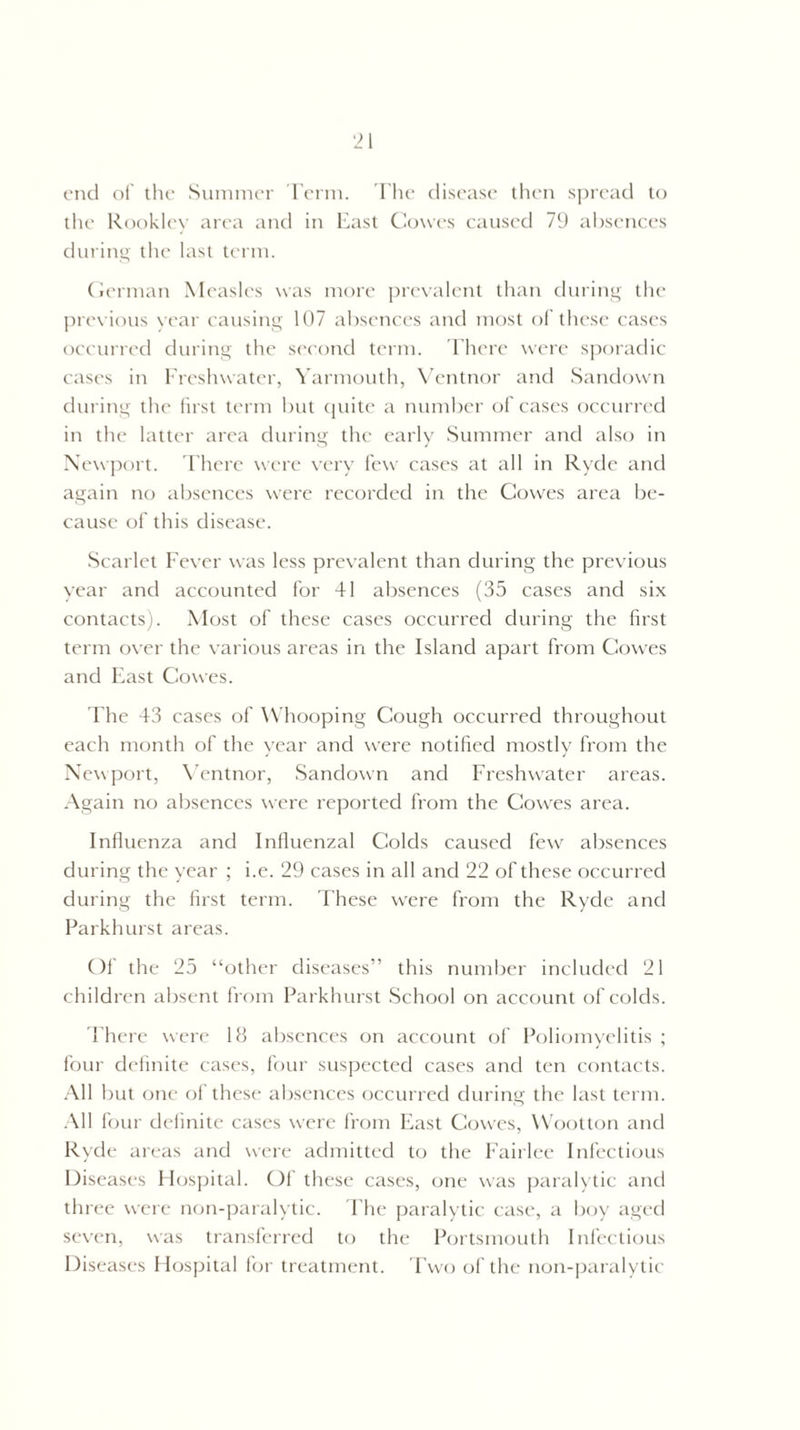 end of the Summer Term. The disease then spread to the Rookley area and in East Cowes caused 79 absences during the last term. German Measles was more prevalent than during the previous year causing 107 absences and most of these cases occurred during the second term. There were sporadic cases in Freshwater, Yarmouth, Ventnor and Sandown during the first term but quite a number of cases occurred in the latter area during the early Summer and also in Newport. There were very few cases at all in Ryde and again no absences were recorded in the Cowes area be¬ cause of this disease. Scarlet Fever was less prevalent than during the previous year and accounted for 41 absences (35 cases and six contacts). Most of these cases occurred during the first term over the various areas in the Island apart from Cowes and East Cowes. The 43 cases of Whooping Cough occurred throughout each month of the year and were notified mostly from the Newport, Ventnor, Sandown and Freshwater areas. Again no absences were reported from the Cowes area. Influenza and Influenzal Colds caused few absences during the year ; i.e. 29 cases in all and 22 of these occurred during the first term. These were from the Ryde and Parkhurst areas. Of the 25 “other diseases” this number included 21 children absent from Parkhurst School on account of colds. There were 18 absences on account of Poliomyelitis ; four definite cases, four suspected cases and ten contacts. All but one of these absences occurred during the last term. All four definite cases were from East Cowes, Wootton and Ryde areas and were admitted to the Fairlee Infectious Diseases Hospital. Of these cases, one was paralytic and three were non-paralytic. The paralytic case, a boy aged seven, was transferred to the Portsmouth Infectious Diseases Hospital for treatment. Two of the non-paralytic