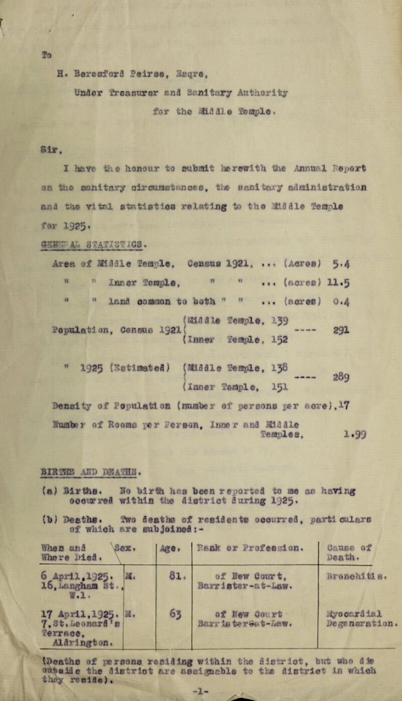 H« Bereeford Peirse, lilsqre, t To Under *teasurer and Sanitary Authority for the j&a 31 © Temple, Sir, I have the honour to submit herewith iiie Annual I eport on tii© sanitary oircuiratfuices, the sanitary administration an 3 the ri tnl statistic© relating to the 113 die Teaple for 1925t g^tT.r v. STATISTICS. Area of MihUe Temple, Census 1921, . .* (Acre©) 5,4 w  Inner Temple, n ” «•* (acres) 11.5 * * land 00arson to both * n ... (acres) 0.4 (maaii Temple, 159 Population, Census 1921; - 291 (Inner Temple, 152 * 1925 (Intimated) (SBJIle Semple, 138 ---- 289 {Inner Temple, 151 Density of Population (number of persons per acre), 17 Buotar of Rooms per hereon. Inner and Hid Ale Temples, 1*99 BIRTHS ABU T&kms, (a) Birthe, $0 birth has been re iorteA to ?ae as hairing occurred within the district during 1925. (b) Iteath©. Two deaths of residents occurred, particulars of which are subjoinedj- When and Bex* Whore Med* \ 4ge» Bank or Profee ..Ion* Cause of Death* 6 April,1325. lb,uangham St., W*l. X. 81. of Hew Court, Barr i 8ter-at-haw * Bronchitis* 17 April,1925 * 7,St.Leonard* c Terrace, AlArington, II. 63 of flew Court Barr la ter^.t-Baw ♦ btyo cardial Degeneration i he a the of persons residing within the district, but who d % cutaide the district are assignable to the district in which they reside). V /