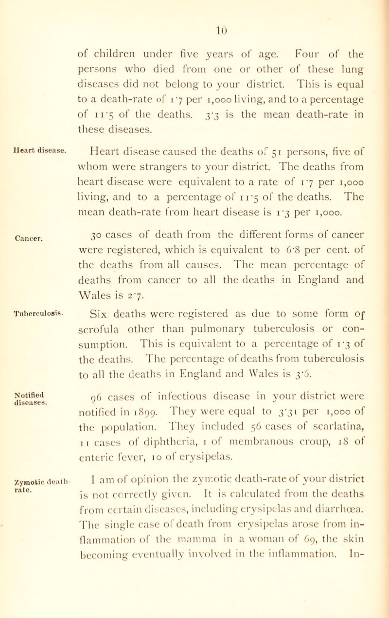Heart disease. Cancer. Tuberculosis. Notified diseases. Zymotic death- rate. of children under five years of age. Four of the persons who died from one or other of these lung diseases did not belong to your district. This is equal to a death-rate of 17 per 1,000 living, and to a percentage of 11'5 of the deaths. 37 is the mean death-rate in these diseases. Heart disease caused the deaths of 51 persons, five of whom were strangers to your district. The deaths from heart disease were equivalent to a rate of 17 per 1,000 living, and to a percentage of 11 *5 of the deaths. The mean death-rate from heart disease is 17 per 1,000. 30 cases of death from the different forms of cancer were registered, which is equivalent to 6’8 per cent, of the deaths from all causes. The mean percentage of deaths from cancer to all the deaths in England and Wales is 27. Six deaths were registered as due to some form of scrofula other than pulmonary tuberculosis or con- sumption. This is equivalent to a percentage of 17 of the deaths. The percentage of deaths from tuberculosis to all the deaths in England and Wales is y5. 96 cases of infectious disease in your district were notified in 1899. They were equal to 3-31 per 1,000 of the population. They included 56 cases of scarlatina, 11 cases of diphtheria, 1 of membranous croup, 18 of enteric fever, 10 of erysipelas. I am of opinion the zymotic death-rate of your district is not correctly given. It is calculated from the deaths from certain diseases, including erysipelas and diarrhoea. The single case of death from erysipelas arose from in- flammation of the mamma in a woman of 69, the skin becoming eventually involved in the inflammation. In-