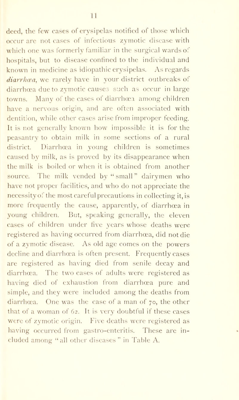 deed, the few cases of erysipelas notified of those which occur are not cases of infectious zymotic disease with which one was formerly familiar in the surgical wards of hospitals, but to disease confined to the individual and known in medicine as idiopathic erysipelas. As regards diarrhoea, we rarely have in your district outbreaks of diarrhoea due to zymotic causes such as occur in large towns. Many of the cases of diarrhoea among children have a nervous origin, and are often associated with dentition, while other cases arise from improper feeding. It is not generally known how impossible it is for the peasantry to obtain milk in some sections of a rural district. Diarrhoea in young children is sometimes caused by milk, as is proved by its disappearance when the milk is boiled or when it is obtained from another source. The milk vended by “ small ” dairymen who have not proper facilities, and who do not appreciate the necessity of the most careful precautions in collecting it, is more frequently the cause, apparently, of diarrhoea in young children. But, speaking generally, the eleven cases of children under five years whose deaths were registered as having occurred from diarrhoea, did not die of a zymotic disease. As old age comes on the powers decline and diarrhoea is often present. Frequently cases are registered as having died from senile decay and diarrhoea. The two cases of adults were registered as having died of exhaustion from diarrhoea pure and simple, and they were included among the deaths from diarrhoea. One was the case of a man of 70, the other that of a woman of 62. It is very doubtful if these cases were of zymotic origin. Five deaths were registered as having occurred from gastro-enteritis. These arc in- cluded among “all other diseases ” in Table A.