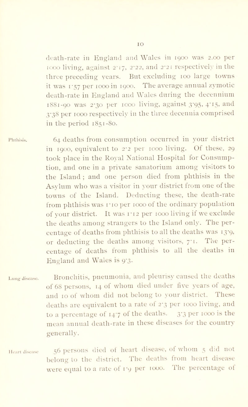 Phthisis. Lung disease. 11 cart disease IO death-rate in England and Wales in 1900 was 2.00 per 1000 living, against 2'17, 2^22, and 2-2f respectively in the three preceding years. But excluding 100 large towns it was 1 '57 per 1000 in 1900. The average annual zymotic death-rate in England and Wales during the decennium 1881-90 was 2-30 per 1000 living, against 3’95, 4'is, and 3-38 per 1000 respectively in the three decennia comprised in the period 1851-80. 64 deaths from consumption occurred in your district in 1900, equivalent to 2-2 per 1000 living. Of these, 29 took place in the Royal National Hospital for Consump- tion, and one in a private sanatorium among visitors to the Island ; and one person died from phthisis in the Asylum who was a visitor in your district from one of the towns of the Island. Deducting these, the death-rate from phthisis was no per 1000 of the ordinary population of your district. It was n2 per iooo living if we exclude the deaths among strangers to the Island only. The per- centage of deaths from phthisis to all the deaths was 13-9, or deducting the deaths among visitors, 7-1. The per- centage of deaths from phthisis to all the deaths in England and Wales is 9'3- Bronchitis, pneumonia, and pleurisy caused the deaths of 68 persons, 14 of whom died under five years of age, and 10 of whom did not belong to your district. These deaths are equivalent to a rate of 2-3 per 1000 living, and to a percentage of 147 of the deaths. 3-3 per 1000 is the mean annual death-rate in these diseases for the country generally. 56 persons died of heart disease, of whom 5 did not belong to the district. The deaths from heart disease were equal to a rate of 1-9 per 1000. The percentage of