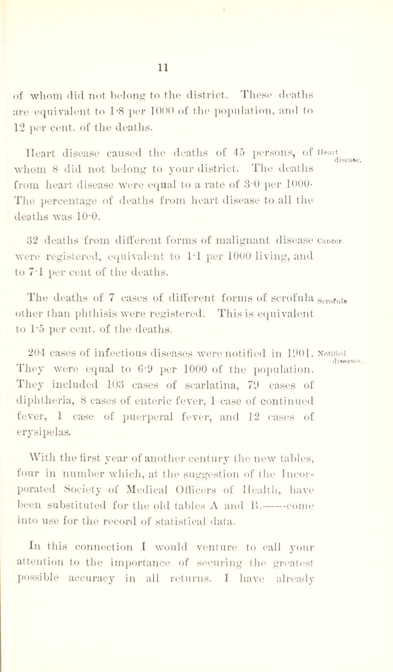 of whom did not belong to the district. These deaths are equivalent to 1-8 per 1000 of the population, and to 12 per cent, of the deaths. Heart disease caused the deaths of 45 persons, of whom 8 did not belong to your district. The deaths from heart disease were equal to a rate of 3 0 per 1000- The percentage of deaths from heart disease to all the deaths was 10-0. 32 deaths from different forms of malignant disease were registered, equivalent to IT per 1000 living, and to 7 1 per cent of the deaths. The deaths of 7 cases of different forms of scrofula other than phthisis were registered. This is equivalent to T5 per cent, of the deaths. 204 cases of infectious diseases were notified in 1001. They were equal to G O per 1000 of the population. They included 103 cases of scarlatina, 70 cases of diphtheria, 8 cases of enteric fever, 1 case of continued fever, 1 case of puerperal fever, ancl 12 cases of erysipelas. With the lirst year of another century the new tables, four in number which, at the suggestion of the Incor¬ porated Society of Medical Officers of Health, have been substituted for the old tables A and lb-come into use for the record of statistical data. In this connection I would venture to call your attention to the importance of securing tin' greatest possible accuracy in all returns. I have already IIen it disease. Cancer. Scrofula Notified diseases.