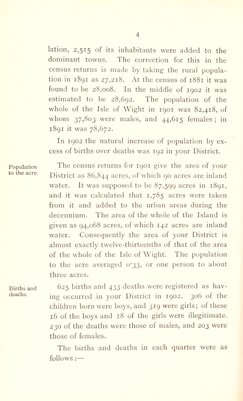 lation, 2,515 of its inhabitants were added to the dominant towns. The correction for this in the census returns is made by taking the rural popula¬ tion in 1891 as 27,218. At the census of 1881 it was found to be 28,008. In the middle of 1902 it was estimated to be 28,692. The population of the whole of the Isle of Wight in 1901 was 82,418, of whom 37,803 were males, and 4-1,615 females; in 1891 it was 78,672. In 1902 the natural increase of population by ex¬ cess of births over deaths was 192 in your District. Population to the acre. Births and deaths. The census returns for 1901 give the area of your District as 86,844 acres> of which 90 acres are inland water. It was supposed to be 87,599 acres in 1891, and it was calculated that 1,785 acres were taken from it and added to the urban areas during the decennium. The area of the whole of the Island is given as 94,068 acres, of which 142 acres are inland water. Consequently the area of your District is almost exactly twelve-thirteenths of that of the area of the whole of the Isle of Wight. The population to the acre averaged 0*33, or one person to about three acres. 625 births and 433 deaths were registered as hav¬ ing occurred in your District in 1902. 306 of the children born were boys, and 319 were girls; of these 16 of the boys and 18 of the girls were illegitimate. 230 of the deaths were those of males, and 203 were those of females. The births and deaths in each quarter were as follows;—