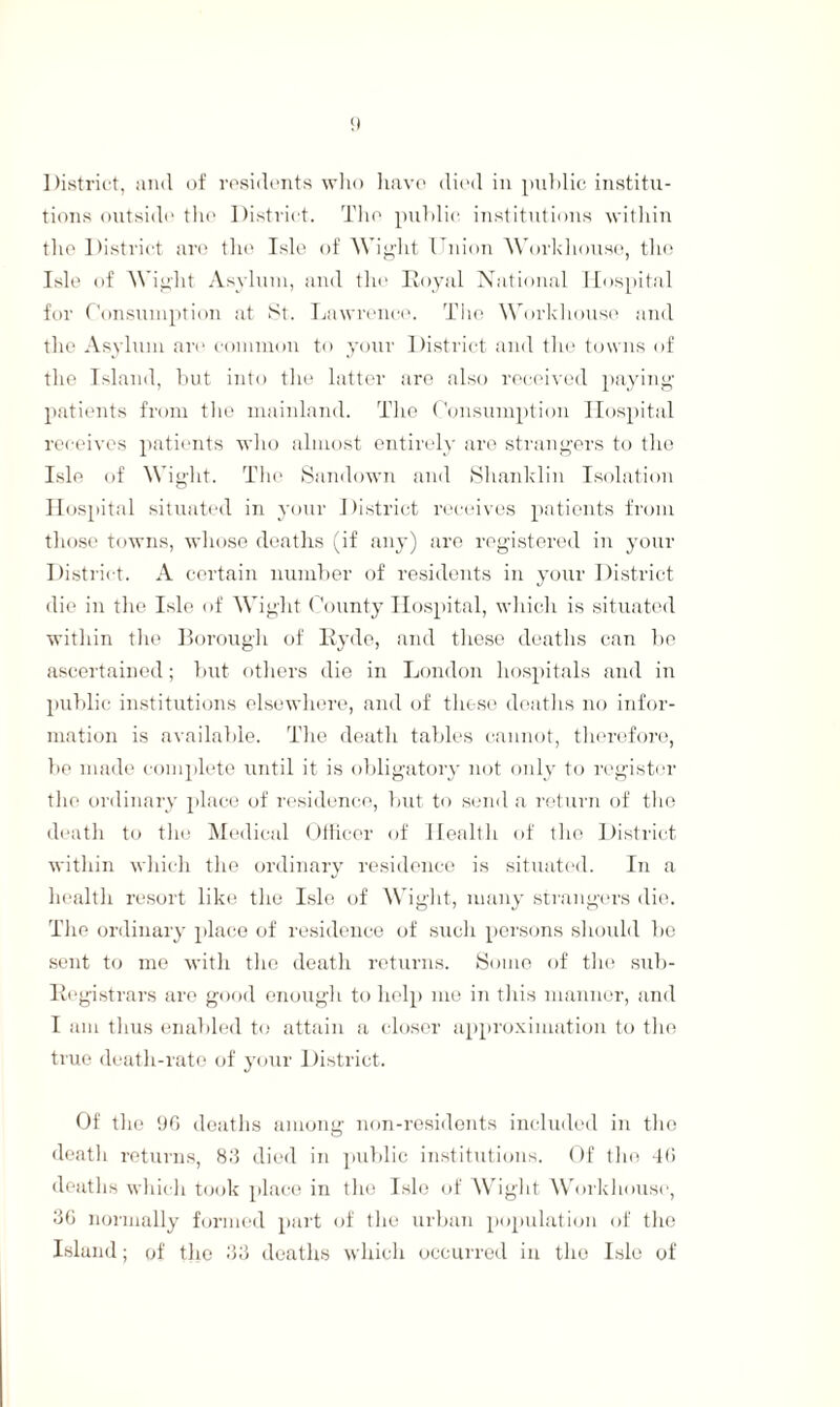 <) District, and of residents who have died in public institu¬ tions outside' the District. The public institutions within the District are the Isle of Wight Union Workhouse, the Isle of Wight Asylum, and the Royal National Hospital for Consumption at St. Lawrence. The Workhouse and the Asylum arc common to your District and the towns of the Island, but into the latter are also received paying patients from the mainland. The Consumption Hospital receives patients who almost entirely are strangers to the Isle of Wight. The Sandown and Shanklin Isolation Hospital situated in your District receives patients from those towns, whose deaths (if any) are registered in your District. A certain number of residents in your District die in the Isle of Wight County Hospital, which is situated within the Borough of Hyde, and these deaths can be ascertained; but others die in London hospitals and in public institutions elsewhere, and of these deaths no infor¬ mation is available. The death tables cannot, therefore, be made complete until it is obligatory not only to register the ordinary place of residence, but to send a return of the death to the Medical Oitieer of Health of the District within which the ordinary residence is situated. In a health resort like the Isle of Wight, many strangers die. The ordinary place of residence of such persons should be sent to me with the death returns. Some of the sub- Registrars are good enough to help me in this manner, and I am thus enabled to attain a closer approximation to the true death-rate of your District. Of the 9G deaths among non-residents included in the deatli returns, 8:3 died in public institutions. Of the 4G deaths which took place in the Isle of Wight Workhouse, 3G normally formed part of the urban population of the Island; of the 33 deaths which occurred in the Isle of