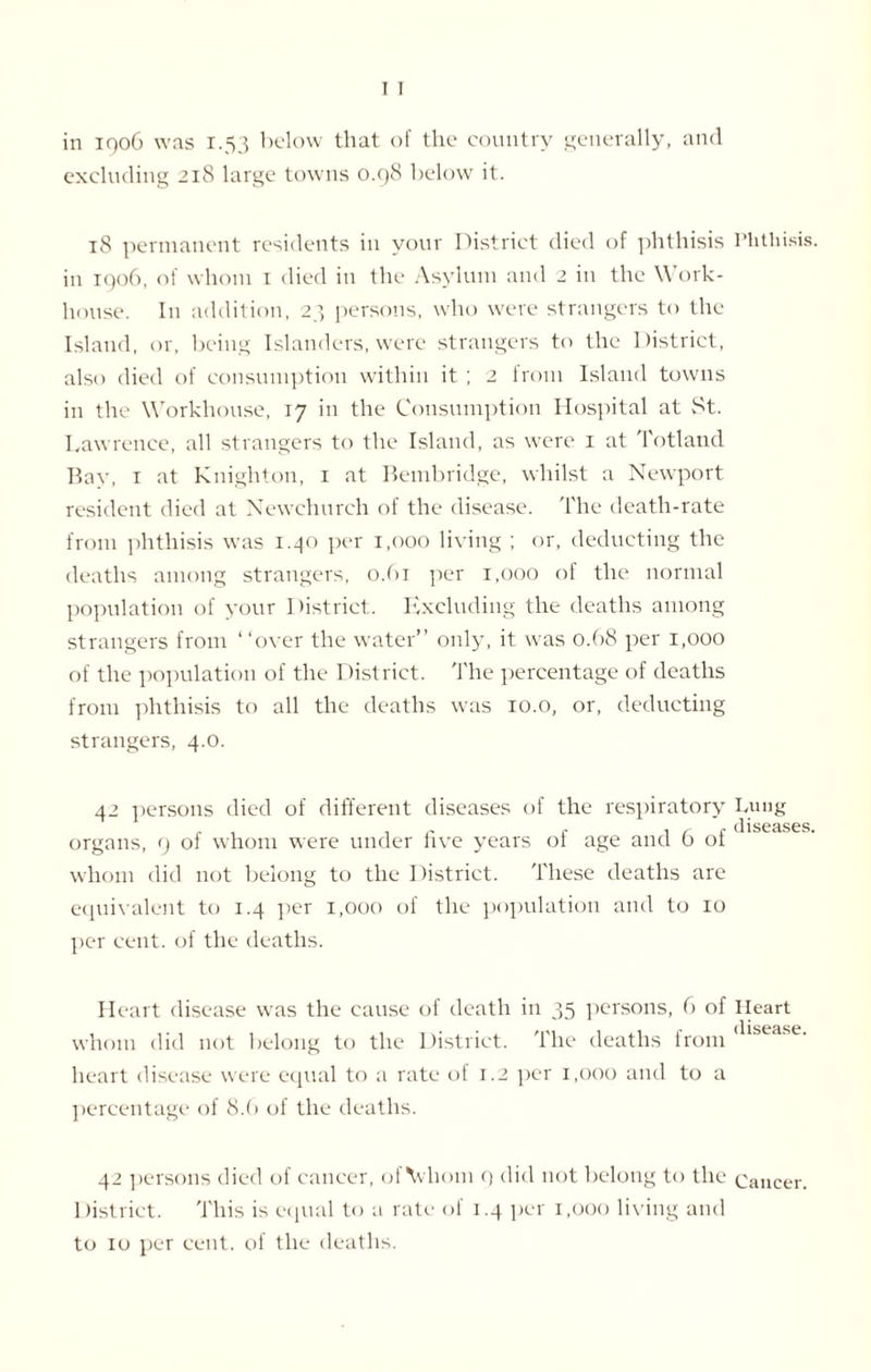 in 1906 was 1.53 below that of the country generally, and excluding 218 large towns 0.98 below it. 18 permanent residents in your District died of phthisis in 1906, of whom 1 died in the Asylum and 2 in the Work¬ house. In addition, 23 persons, who were strangers to the Island, or, being Islanders, were strangers to the District, also died of consumption within it ; 2 from Island towns in the Workhouse, 17 in the Consumption Hospital at St. Lawrence, all strangers to the Island, as were 1 at Totland Bay, 1 at Knighton, 1 at Bembridge, whilst a Newport resident died at Newchureh of the disease. The death-rate from phthisis was 1.40 per 1,000 living ; or, deducting the deaths among strangers, o.bi per 1,000 of the normal population of your District. Excluding the deaths among strangers from “over the water” only, it was 0.68 per 1,000 of the population of the District. The percentage of deaths from phthisis to all the deaths was 10.o, or, deducting strangers, 4.0. 42 persons died of different diseases of the respiratory organs, 9 of whom were under five years of age and 6 of whom did not belong to the District. These deaths are equivalent to 1.4 per 1,000 of the population and to 10 per cent, of the deaths. Heart disease was the cause of death in 35 persons, 6 of whom did not belong to the District. The deaths from heart disease were equal to a rate of 1.2 per 1,000 and to a percentage of 8.6 of the deaths. 42 persons died of cancer, ofVhom 9 did not belong to the District. This is equal to a rate of 1.4 per 1,000 living and to 10 per cent, of the deaths. Phthisis. Lung diseases. Heart disease. Cancer.