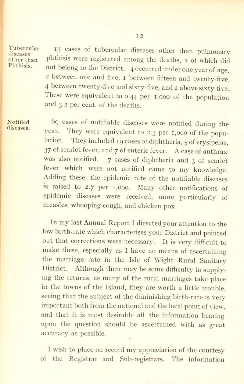 diseale“lar 13 CaSCS °f tubercular leases other than pulmonary otlier than phthisis were registered among the deaths, 2 of which did Phthisis. not belong to the District. 4 occurred under one year of age, 2 between one and five, 1 between fifteen and twenty-five, 4 between twenty-five and sixty-five, and 2 above sixty-five. 1 hese were equivalent to 0.44 per 1,000 of the population and 3.2 per cent, of the deaths. Notified 69 cases of notifiable diseases were notified during the diseases. ,,,, . , ° year, they were equivalent to 2.3 per 1,000 of the popu¬ lation. They included 19 cases of diphtheria, 5 of erysipelas, 37 of scarlet fever, and 7 of enteric fever. A case of anthrax was also notified. 7 cases of diphtheria and 3 of scarlet fever which were not notified came to my knowledge. Adding these, the epidemic rate of the notifiable diseases is raised to 2.7 per 1,000. Many other notifications of epidemic diseases were received, more particularly of measles, whooping cough, and chicken pox. In my last Annual Report I directed your attention to the low birth-rate which characterises your District and pointed out that corrections were necessary. It is very difficult to make these, especially as I have no means of ascertaining the marriage rate in the Isle of Wight Rural .Sanitary District. Although there may be some difficulty in supply¬ ing the returns, as many of the rural marriages take place in the towns of the Island, they are worth a little trouble, seeing that the subject of the diminishing birth-rate is very important both from the national and the local point of view, and that it is most desirable all the information bearing upon the question should be ascertained with as great accuracy as possible. I wish to place on record my appreciation of the courtesy of the Registrar and Sub-registrars. The information