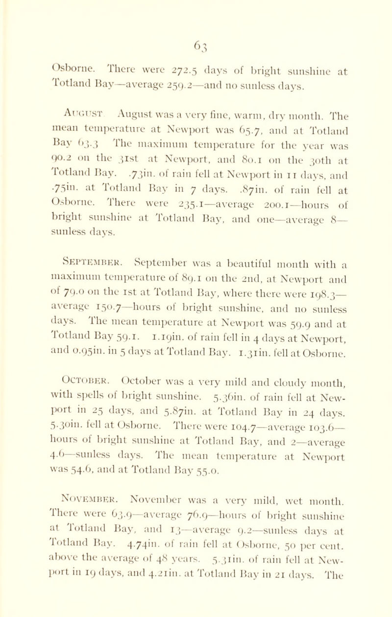 ()sborne. 1 here were 272.5 days of bright sunshine at lotland Bay—average 259.2—and no sunless days. August August was a very fine, warm, dry month. The mean temperature at Newport was 65.7, and at Totland Bay 63.3 The maximum temperature for the year was 90.2 on the 51st at Newport, and 80.1 on the 30th at lotland Bay. .73>n- of rain tell at Newport in 11 days, and .75m. at Totland Bay in 7 days. .87m. of rain fell at Osborne. There were 235.1—average 200.1—hours of bright sunshine at Totland Bay, and one—average 8— sunless days. September. September was a beautiful month with a maximum temperature of 89.1 on the 2nd, at Newport and ot 79.0 on the 1st at Totland Bay, where there were 198.3— a\ erage 150.7 hours of bright sunshine, and no sunless days. 1 he mean temperature at Newport was 59.9 and at 'I otland Bay 59.1. 1.19m. of rain fell in 4 days at Newport, and 0.95m. in 5 days at Totland Bay. 1.31m. fell at Osborne. October. October was a very mild and cloudy month, with spells of bright sunshine. 5.3,011. of rain fell at New¬ port in 25 days, and 5.87m. at Totland Bay in 24 days. 5.30m. fell at Osborne. There were 104.7—average 103.6— hours of bright sunshine at Totland Bay, and 2—average 4-6 sunless days, 'the mean temperature at Newport was 54.6, and at Totland Bay 55.0. November. November was a very mild, wet month. There were 63.9—average 76.9—hours of bright sunshine at 'lotland Bay, and 13—average 9.2—sunless days at Totland Bay. 4.74111. of rain fell at Osborne, 50 per cent, above the average of 48 years. 5.31m. of rain fell at New¬ port in 19 days, and 4.21m. at Totland Bay in 21 days. The
