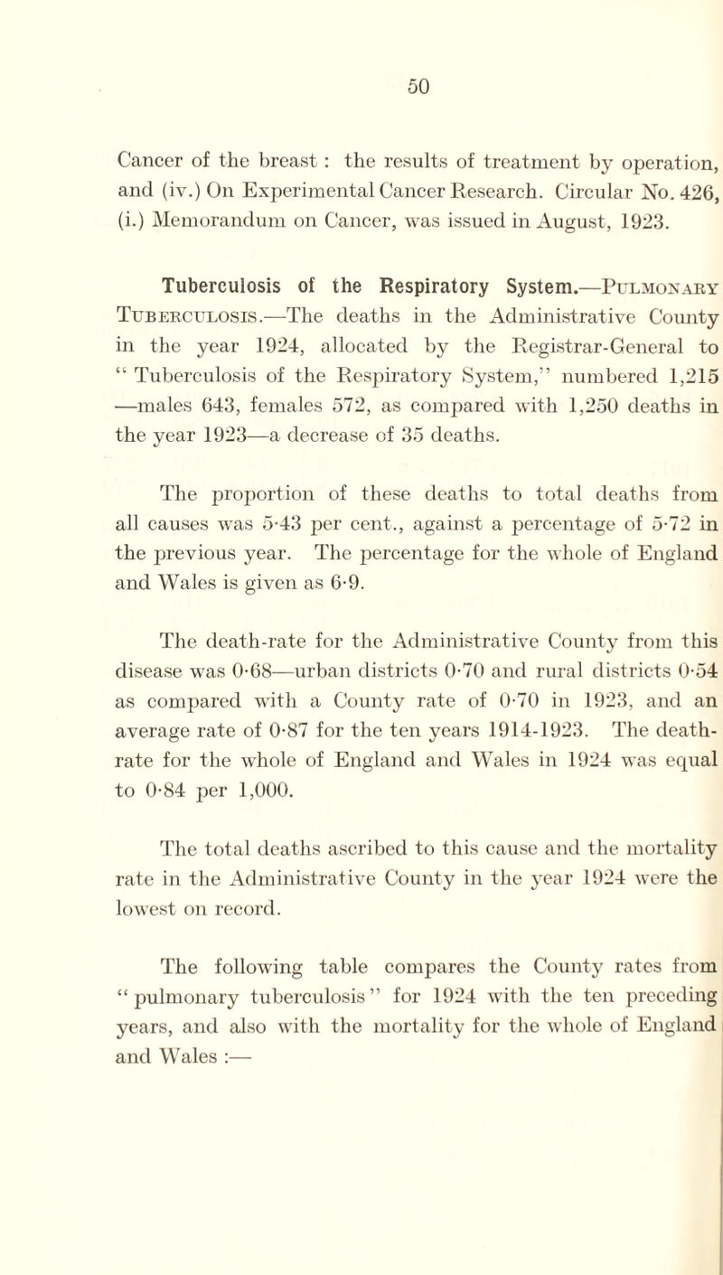 Cancer of the breast: the results of treatment by operation, and (iv.) On Experimental Cancer Research. Circular No. 426, (i.) Memorandum on Cancer, was issued in August, 1923. Tuberculosis of the Respiratory System.—Pulmonary Tuberculosis.—The deaths in the Administrative County in the year 1924, allocated by the Registrar-General to “ Tuberculosis of the Respiratory System,” numbered 1,215 —males 643, females 572, as compared with 1,250 deaths in the year 1923—a decrease of 35 deaths. The proportion of these deaths to total deaths from all causes wras 5-43 per cent., against a percentage of 5-72 in the previous year. The percentage for the whole of England and Wales is given as 6-9. The death-rate for the Administrative County from this disease was 0-68-—urban districts 0-70 and rural districts 0-54 as compared with a County rate of 0-70 in 1923, and an average rate of 0-87 for the ten years 1914-1923. The death- rate for the whole of England and Wales in 1924 was ecpxal to 0-84 per 1,000. The total deaths ascribed to this cause and the mortality rate in the Administrative County in the year 1924 were the lowest on record. The following table compares the County rates from “pulmonary tuberculosis” for 1924 with the ten preceding years, and also with the mortality for the whole of England and Wales :—