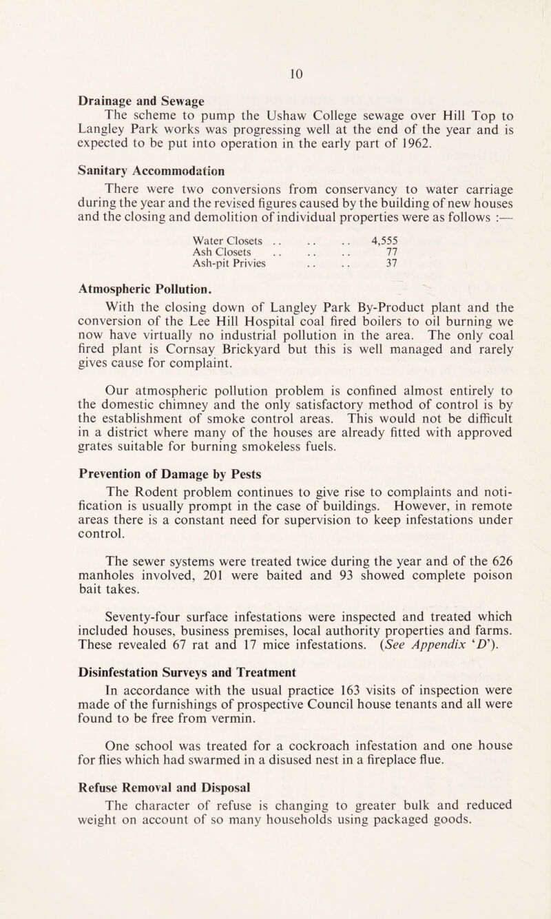 Drainage and Sewage The scheme to pump the Ushaw College sewage over Hill Top to Langley Park works was progressing well at the end of the year and is expected to be put into operation in the early part of 1962. Sanitary Accommodation There were two conversions from conservancy to water carriage during the year and the revised figures caused by the building of new houses and the closing and demolition of individual properties were as follows :— Water Closets Ash Closets Ash-pit Privies 4,555 77 37 Atmospheric Pollution. With the closing down of Langley Park By-Product plant and the conversion of the Lee Hill Hospital coal fired boilers to oil burning we now have virtually no industrial pollution in the area. The only coal fired plant is Cornsay Brickyard but this is well managed and rarely gives cause for complaint. Our atmospheric pollution problem is confined almost entirely to the domestic chimney and the only satisfactory method of control is by the establishment of smoke control areas. This would not be difficult in a district where many of the houses are already fitted with approved grates suitable for burning smokeless fuels. Prevention of Damage by Pests The Rodent problem continues to give rise to complaints and noti¬ fication is usually prompt in the case of buildings. However, in remote areas there is a constant need for supervision to keep infestations under control. The sewer systems were treated twice during the year and of the 626 manholes involved, 201 were baited and 93 showed complete poison bait takes. Seventy-four surface infestations were inspected and treated which included houses, business premises, local authority properties and farms. These revealed 67 rat and 17 mice infestations. (See Appendix ‘D’). Disinfestation Surveys and Treatment In accordance with the usual practice 163 visits of inspection were made of the furnishings of prospective Council house tenants and all were found to be free from vermin. One school was treated for a cockroach infestation and one house for flies which had swarmed in a disused nest in a fireplace flue. Refuse Removal and Disposal The character of refuse is changing to greater bulk and reduced weight on account of so many households using packaged goods.