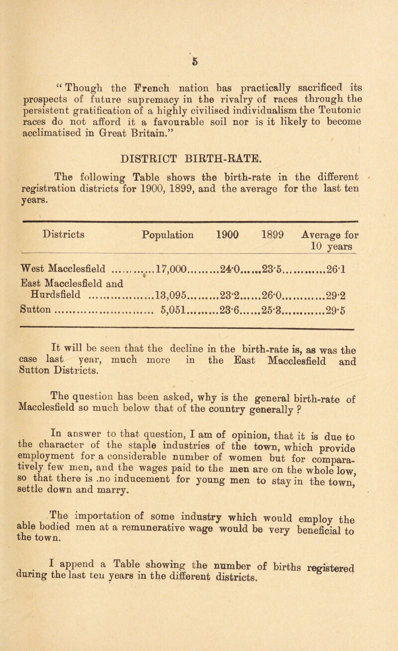 “ Though the French nation has practically sacrificed its prospects of future supremacy in the rivalry of races through the persistent gratification of a highly civilised individualism the Teutonic races do not afford it a favourable soil nor is it likely to become acclimatised in Great Britain.” DISTRICT BIRTH-RATE. The following Table shows the birth-rate in the different registration districts for 1900, 1899, and the average for the last ten years. Districts Population 1900 1899 Average for 10 years West Macclesfield .. East Macclesfield and ......17,000... * ...23*5.., ...26*1 Hurdsfield . ......13,095....... ..23*2... ...26-0... ..29-2 Sutton ..................... . 5,051. ..236... ...25*3... It will be seen that the decline in the birth-rate is, as was the case last year, much more in the East Macclesfield and Sutton Districts. The question has been asked, why is the general birth-rate of Macclesfield so much below that of the country generally ? In answer to that question, I am of opinion, that it is due to the character of the staple industries of the town, which provide employment for a considerable number of women but for compara¬ tively few men, and the wages paid to the men are on the whole low so that there is .no inducement for young men to stay in the town, settle down and marry. The importation of some industry which would employ the able bodied men at a remunerative wage would be very beneficial to the town. I append a Table showing the number of births registered during the last ten years in the different districts.