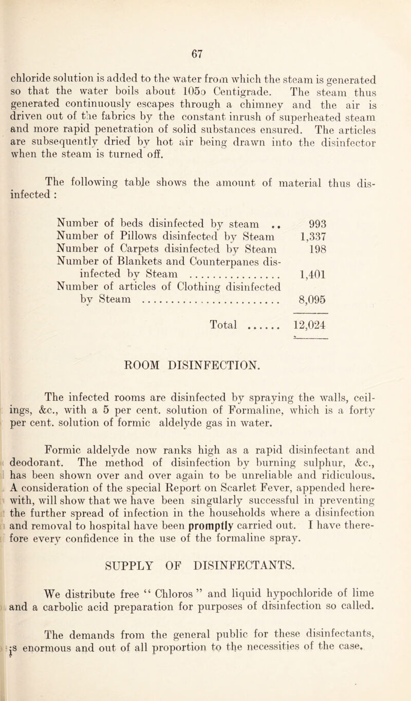 chloride solution is added to the water from which the steam is generated so that the water boils about 105o Centigrade. The steam thus generated continuously escapes through a chimney and the air is driven out of the fabrics by the constant inrush of superheated steam and more rapid penetration of solid substances ensured. The articles are subsequently dried by hot air being drawn into the disinfector when the steam is turned off. The following table shows the amount of material thus dis¬ infected : Number of beds disinfected by steam .. 993 Number of Pillows disinfected by Steam 1,337 Number of Carpets disinfected by Steam 198 Number of Blankets and Counterpanes dis¬ infected bv Steam . 1,401 Number of articles of Clothing disinfected bv Steam . 8,095 t/ y Total ...... 12,024 ROOM DISINFECTION. The infected rooms are disinfected by spraying the walls, ceil¬ ings, &c., with a 5 per cent, solution of Formaline, which is a forty per cent, solution of formic aldelyde gas in water. Formic aldelyde now ranks high as a rapid disinfectant and deodorant. The method of disinfection by burning sulphur, &c., has been shown over and over again to be unreliable and ridiculous. A consideration of the special Report on Scarlet Fever, appended here¬ with, will show that we have been singularly successful in preventing the further spread of infection in the households where a disinfection and removal to hospital have been promptly carried out. I have there¬ fore every confidence in the use of the formaline spray. SUPPLY OF DISINFECTANTS. We distribute free “ Chloros ” and liquid hypochloride of lime and a carbolic acid preparation for purposes of disinfection so called. The demands from the general public for these disinfectants, jS enormous and out of all proportion to the necessities of the case.